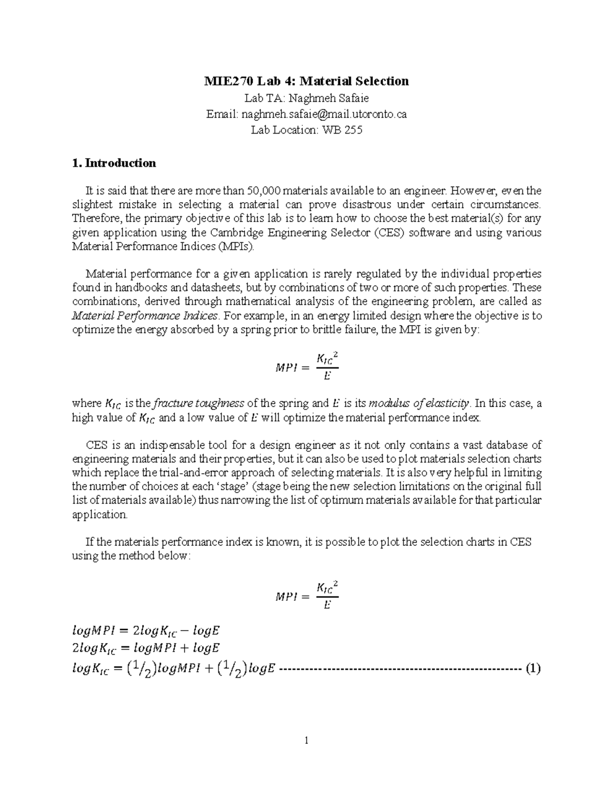 MIE 270 Lab 4 Material Selection - 1 MIE270 Lab 4: Material Selection ...