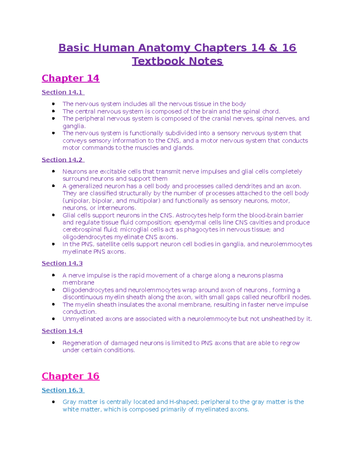 Textbook Notes Chapters 14 & 16 - Basic Human Anatomy Chapters 14 & 16 ...