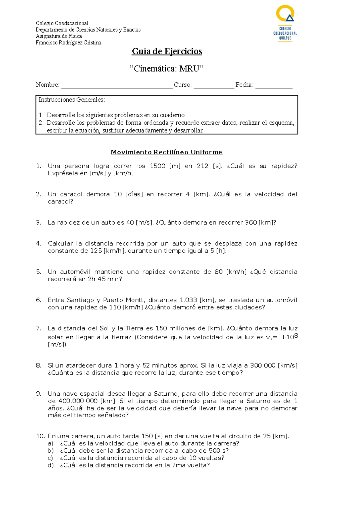 3.- Guía De Ejercicios Cinematica MRU 2022 2° Medio - Departamento De ...