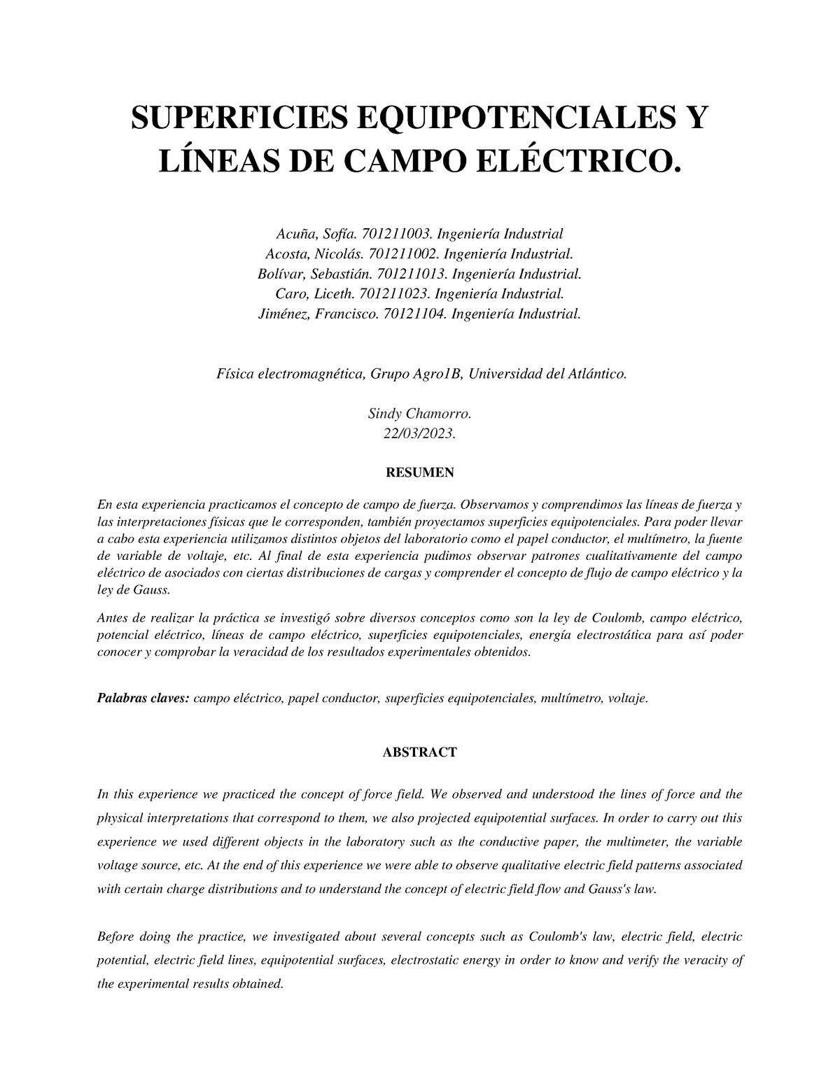 SUPERFICIES EQUIPOTENCIALES Y LÍNEAS DE CAMPO ELÉCTRICO. - Acuña, Sofía ...