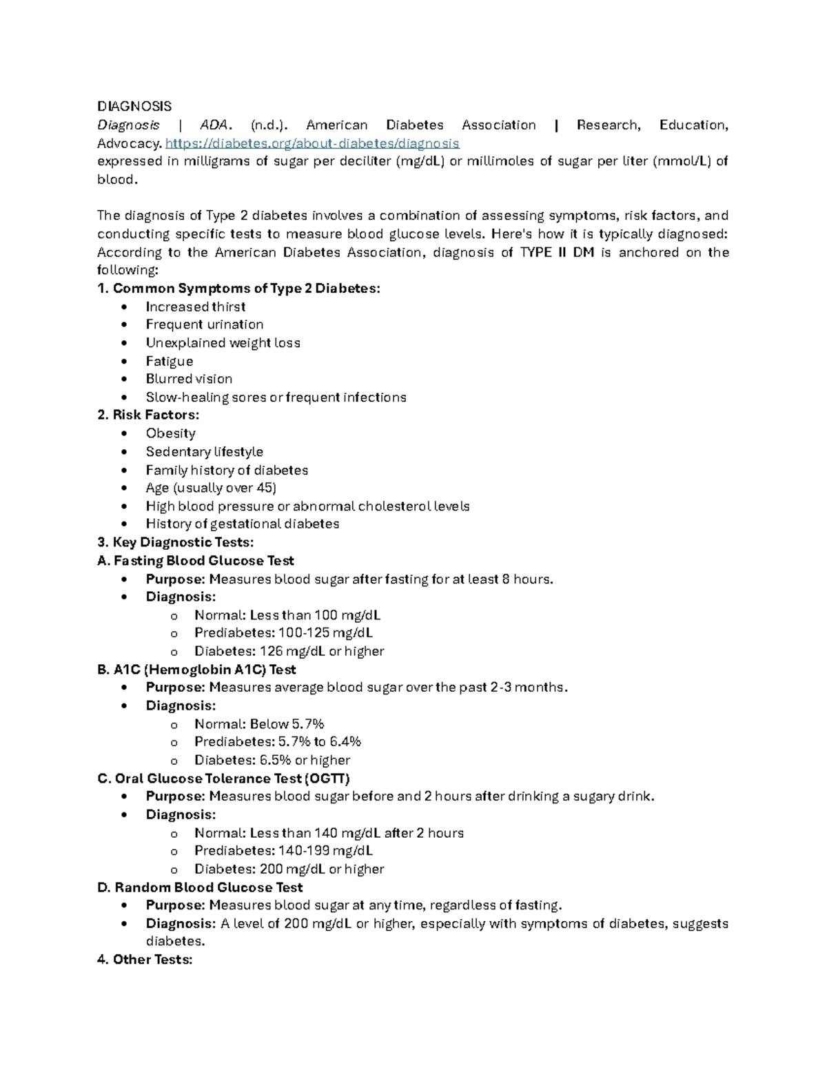 Diabetes Mellitus - DIAGNOSIS Diagnosis | ADA. (n.). American Diabetes ...