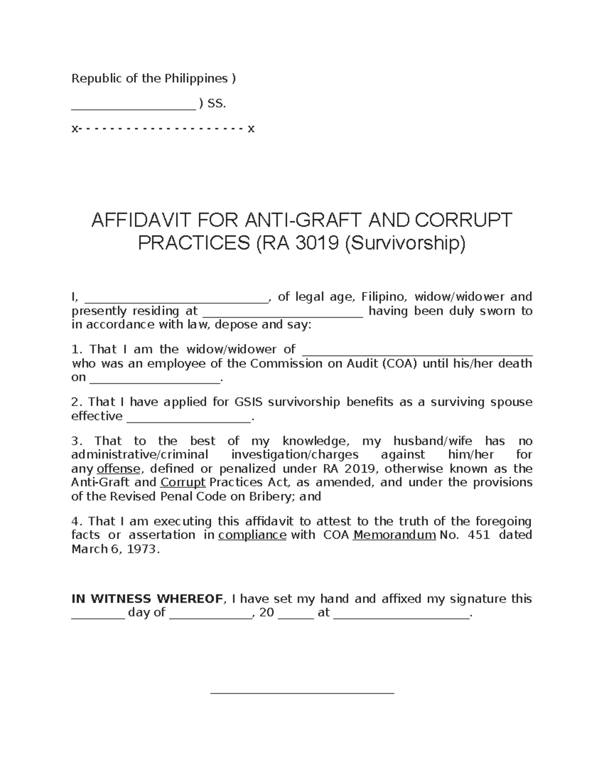 Affidavit FOR ANTI- Graft AND Corrupt Practices (RA 3019 (Survivorship ...