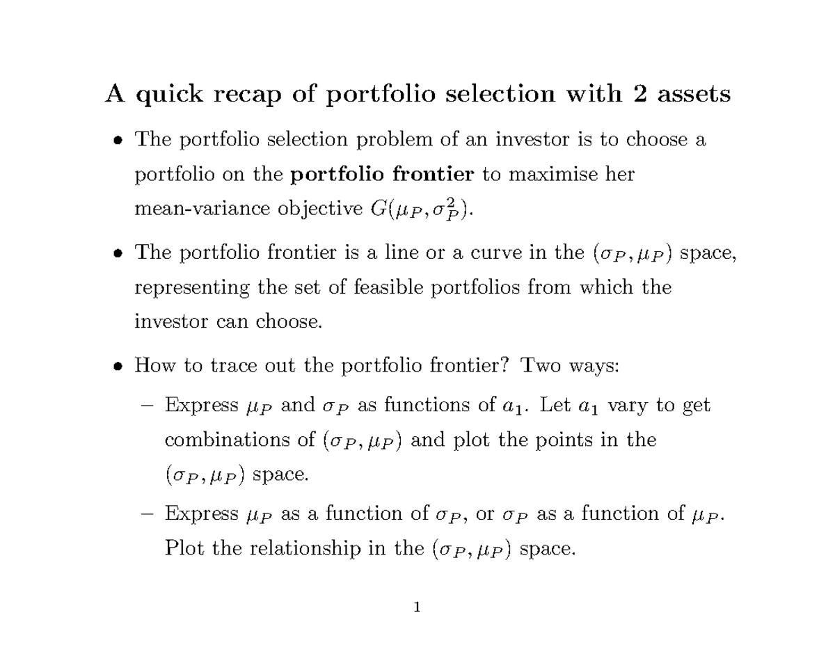 Topic 4 recap/summary - A quick recap of portfolio selection with 2 ...