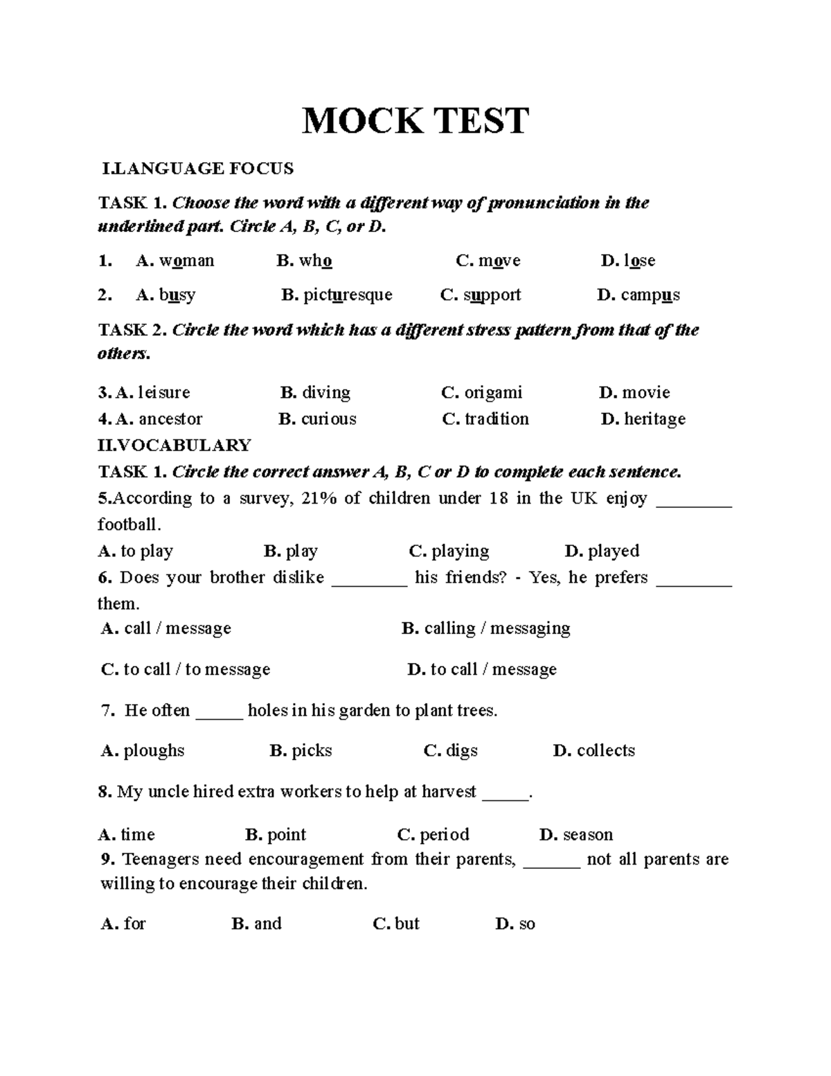 Bài Tập Mock Test - Thfhfhfhfd - MOCK TEST I FOCUS TASK 1. Choose The ...