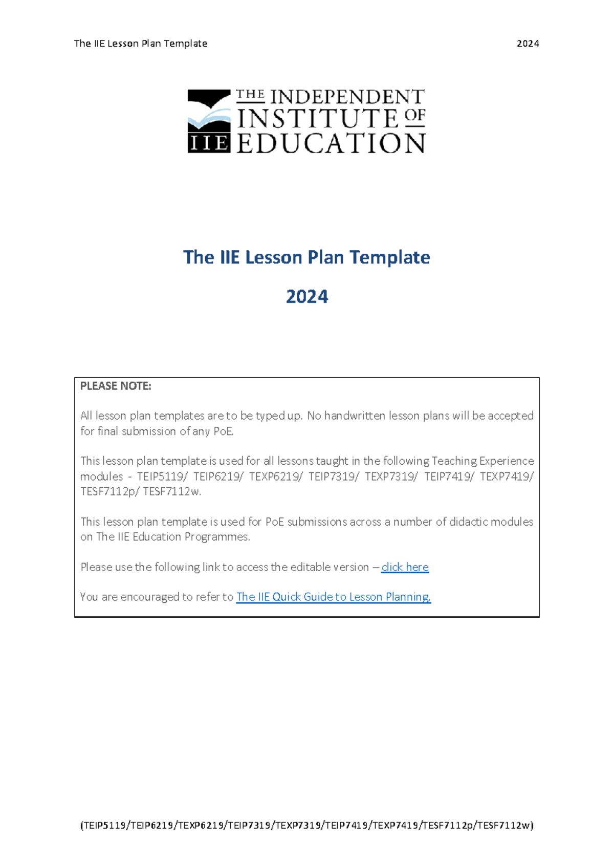 TEIP Lesson Plan Template - The IIE Lesson Plan Template 2024 PLEASE ...