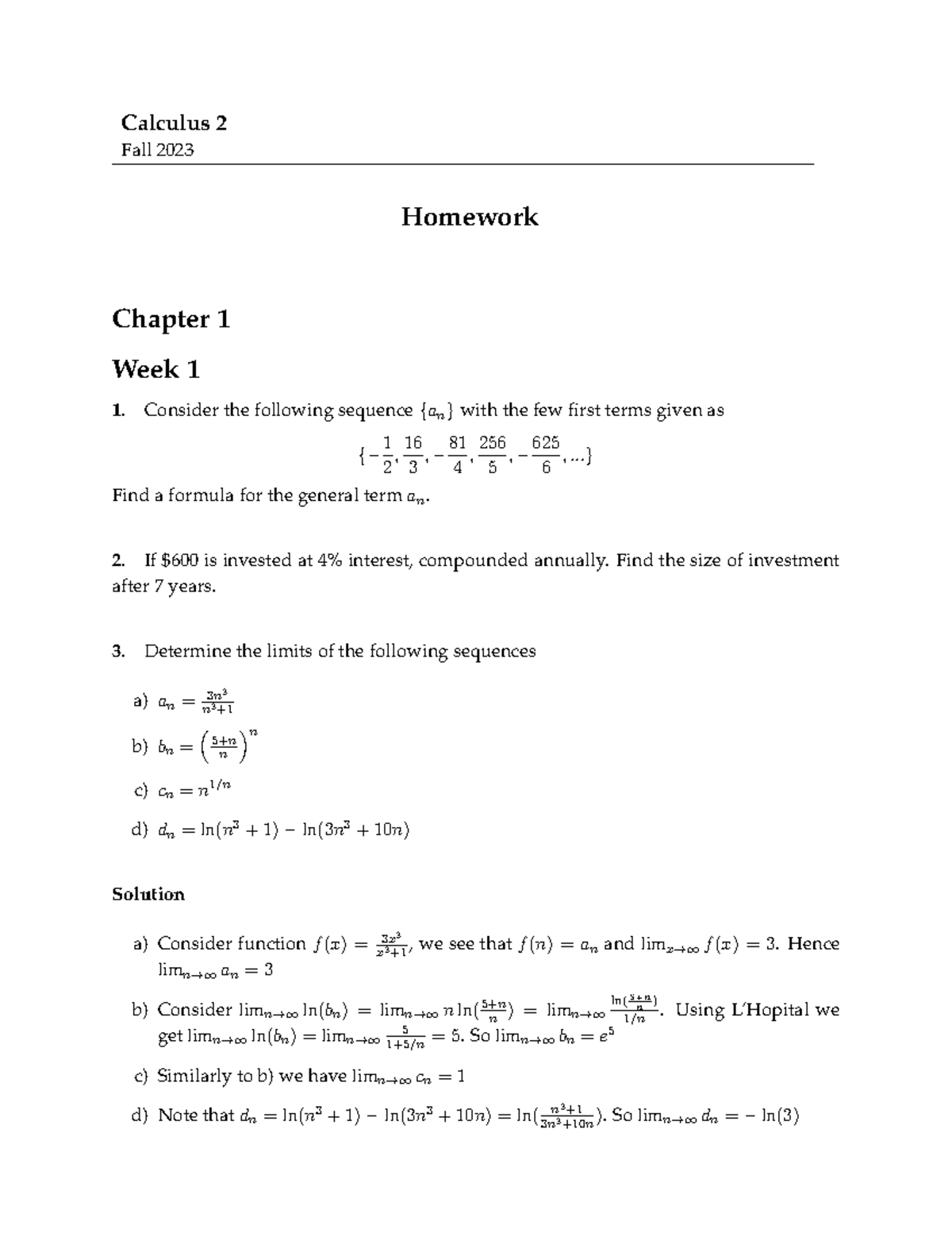 HW Calculus 2 - Calculus 2 Fall 2023 Homework Chapter 1 Week 1 Consider ...