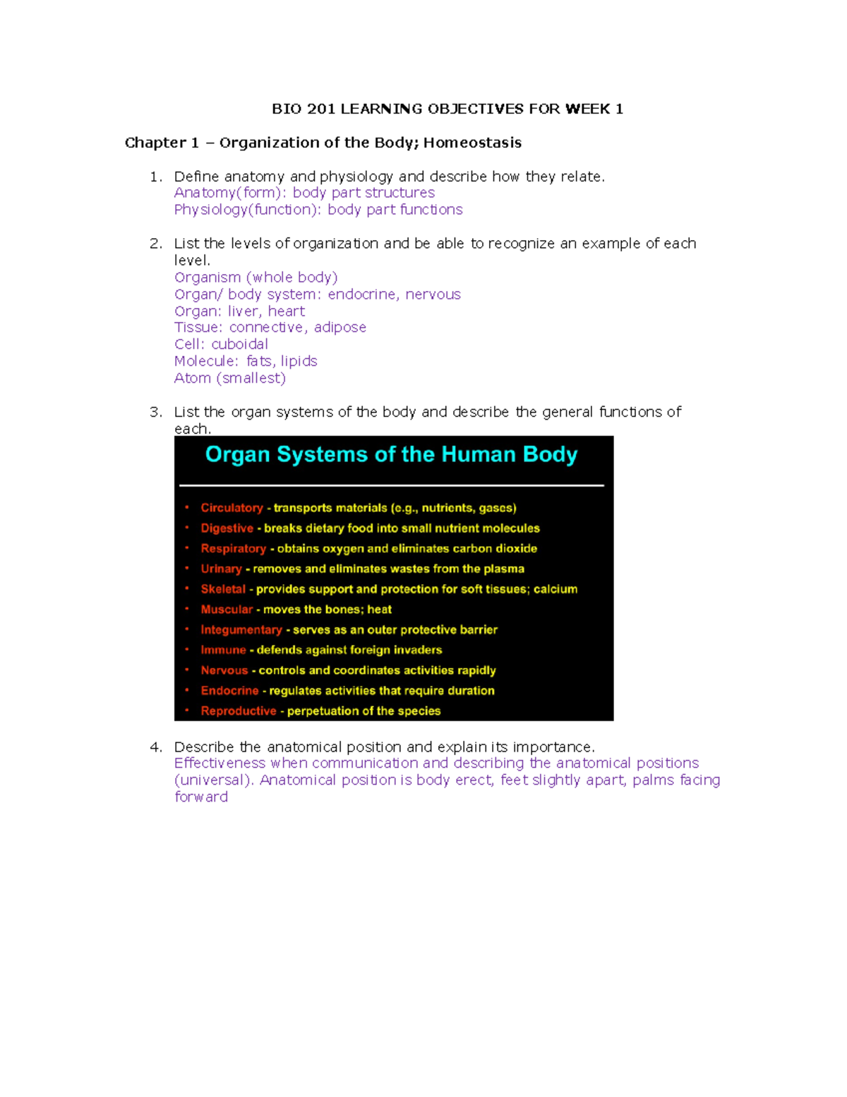 BIO 201 Week 1 Learning Objectives - BIO 201 LEARNING OBJECTIVES FOR ...