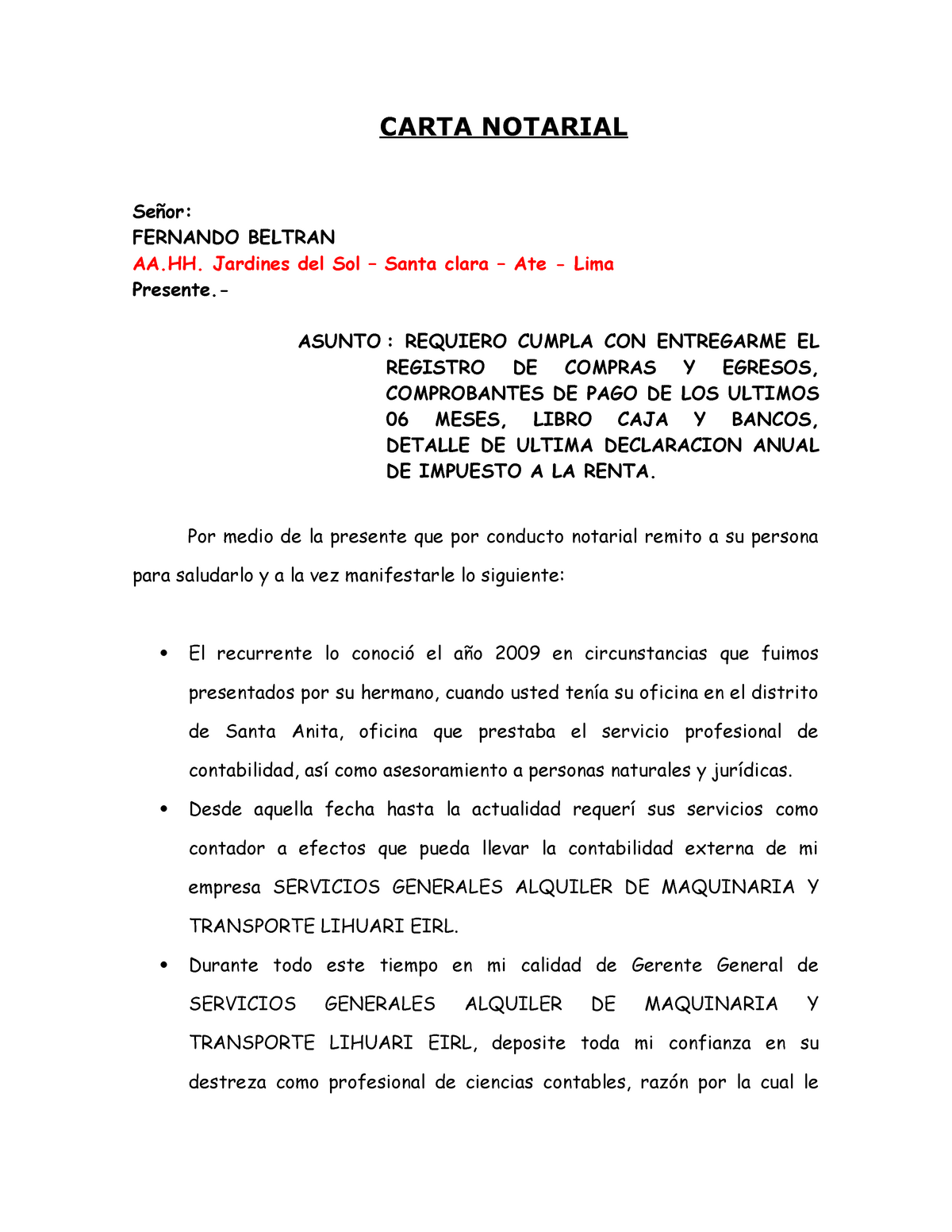 Carta Notarial A Contador SOLICITANDOLE CUMPLA CON PROPORCIONAR INFORMACION  - CARTA NOTARIAL Señor: - Studocu