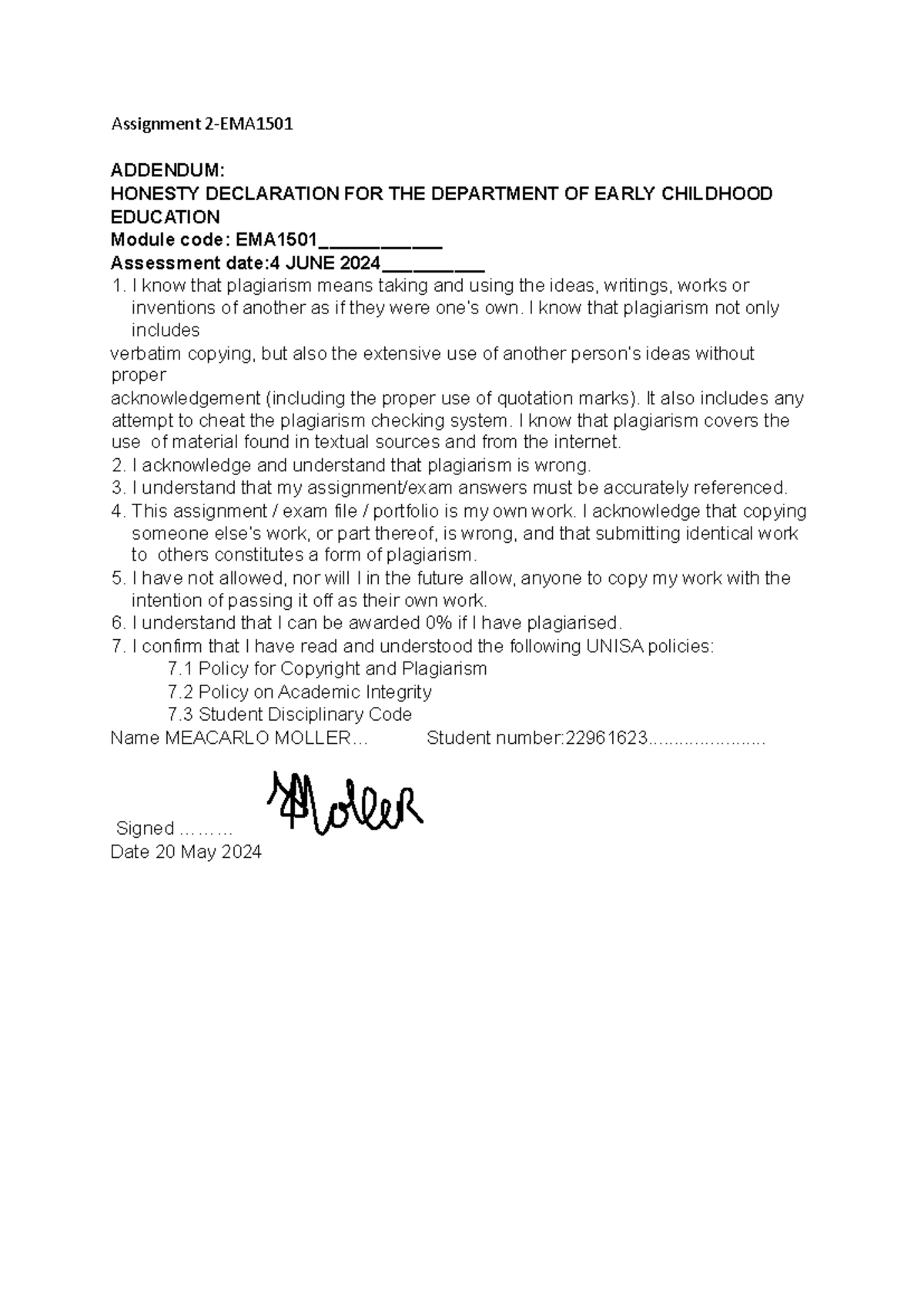 Assignment 2 EMA - Assignment 2-EMA ADDENDUM: HONESTY DECLARATION FOR ...