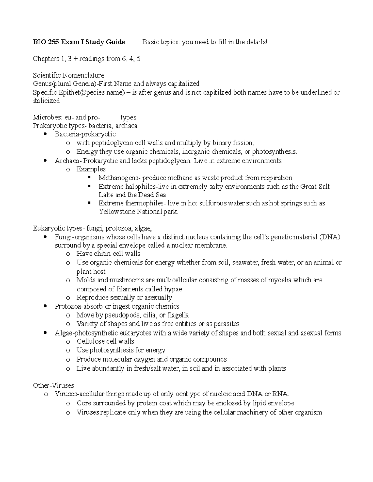 Exam I Study Guide Basic topics - Archaea- Prokaryotic and lacks ...