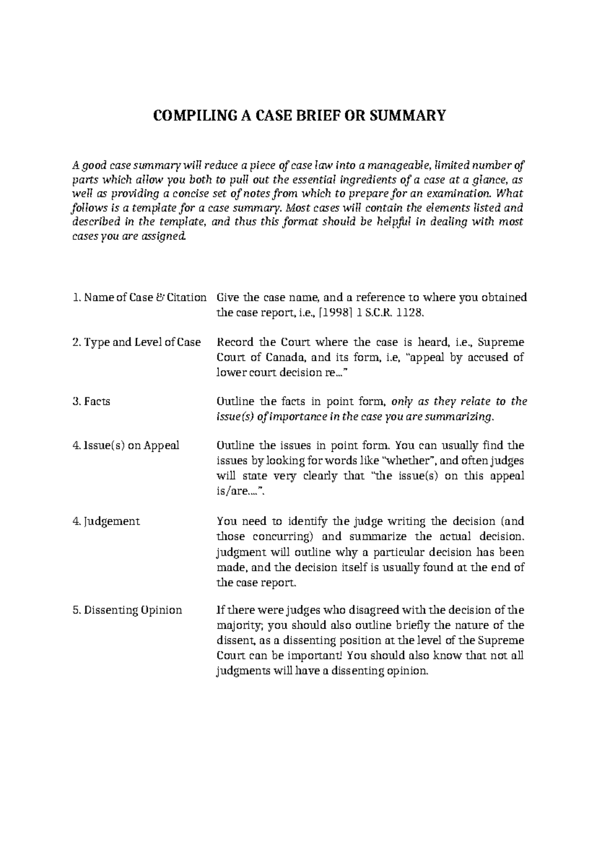 Case Summary Brief Template - COMPILING A CASE BRIEF OR SUMMARY A good ...