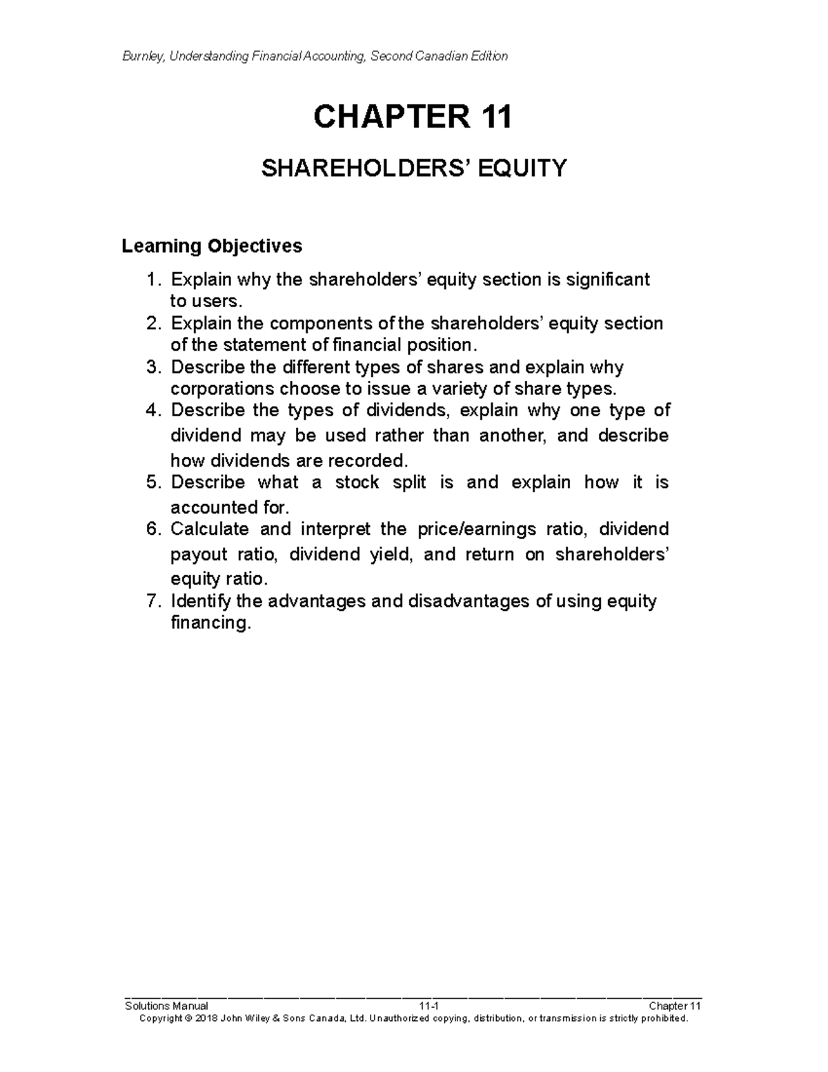 Ch11 Actg Chapter 11 Shareholders Equity Learning Objectives 1