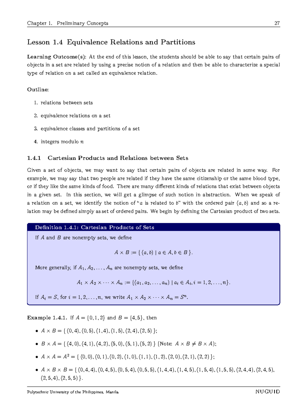 AA1 Lesson 1 Abstract Algebra Lesson 1 Equivalence Relations and