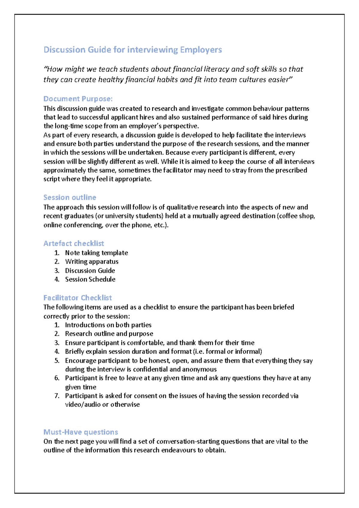 Discussion Guide for interviewing Employers - As part of every research ...