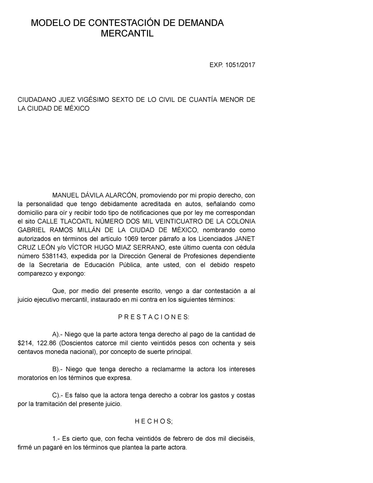 Modelo DE Contestación DE Demanda Mercantil Practica Forense Juridica.  Puebla - EXP. 1051/ CIUDADANO - Studocu