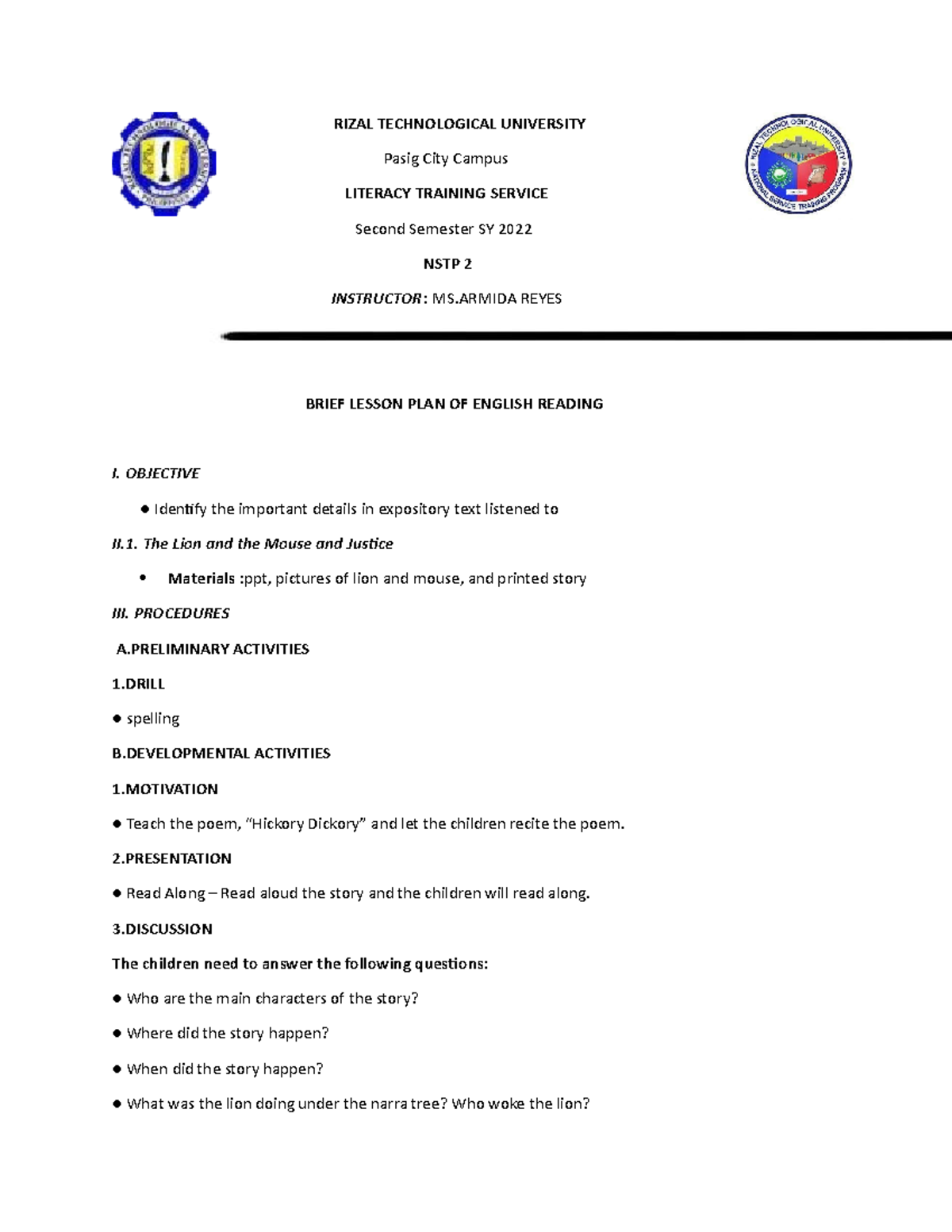 Lesson PLAN English Reading - RIZAL TECHNOLOGICAL UNIVERSITY Pasig City ...