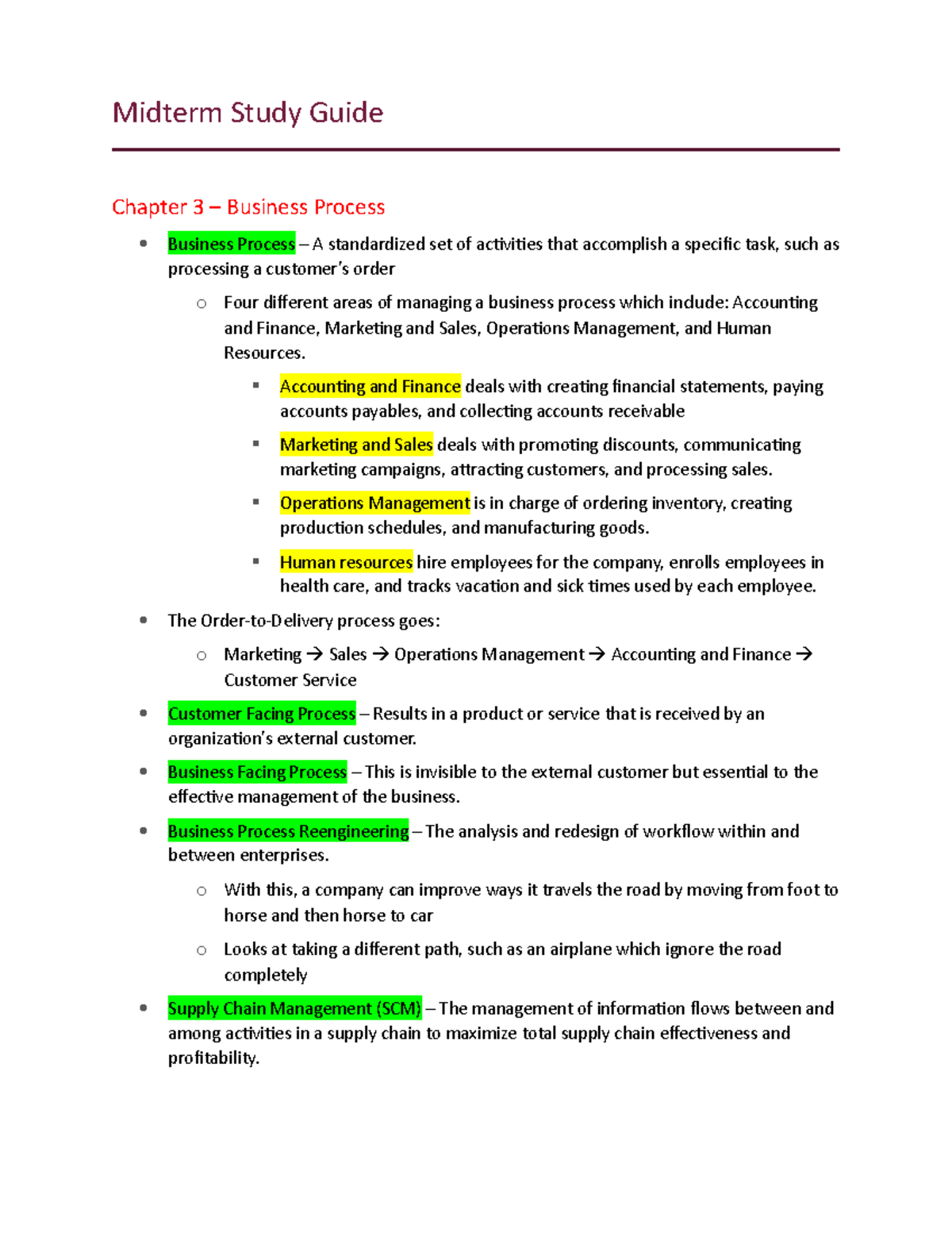 Midterm Study Guide - Midterm Study Guide Chapter 3 – Business Process ...