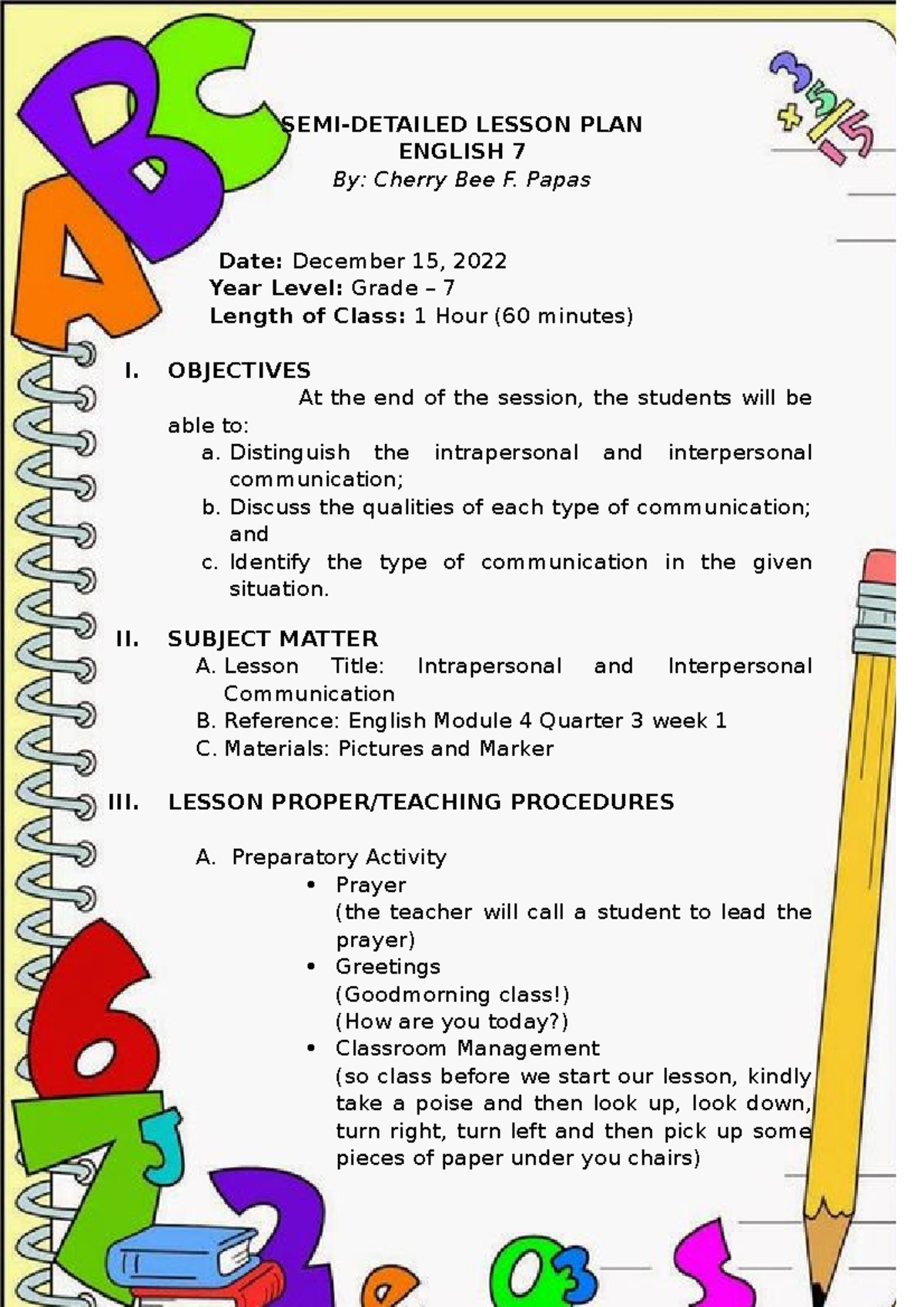 Cherry Bee Papas Lesson Plan 4a S Semi Detailed Semi Detailed Lesson Plan English 7 By Cherry