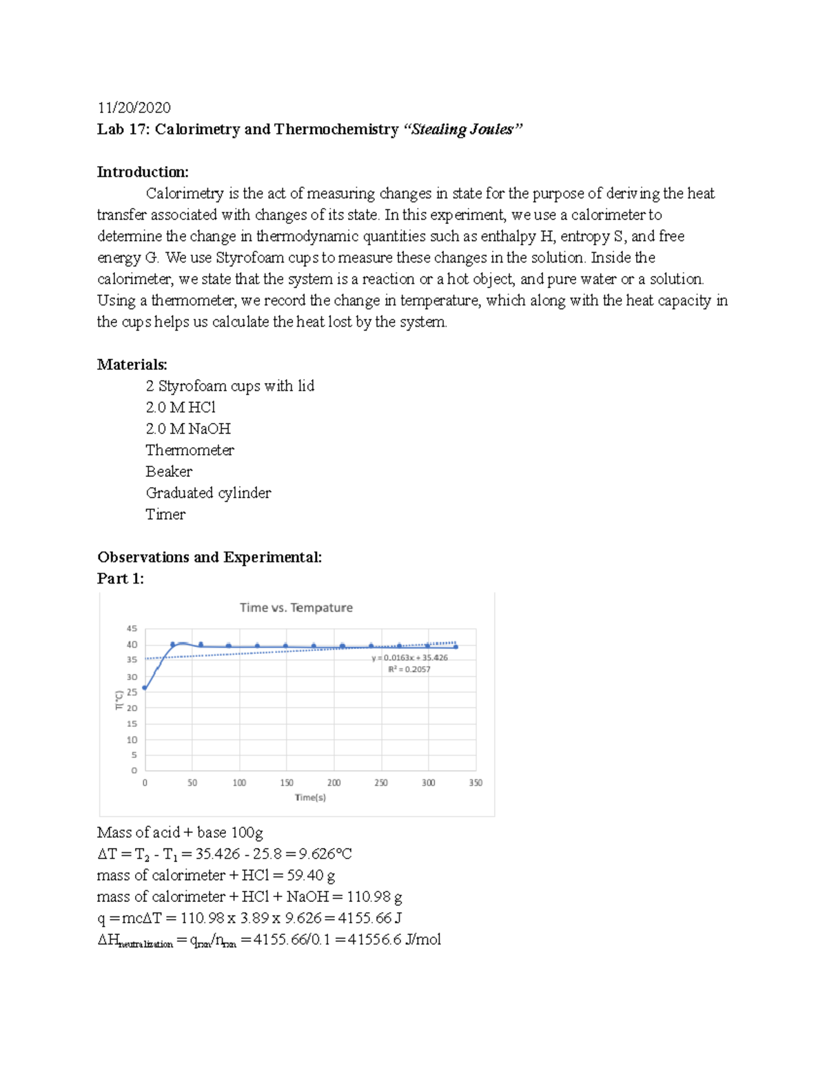 Lab 17 + 18 - lab 17 and 18 - 11/20/ Lab 17: Calorimetry and ...