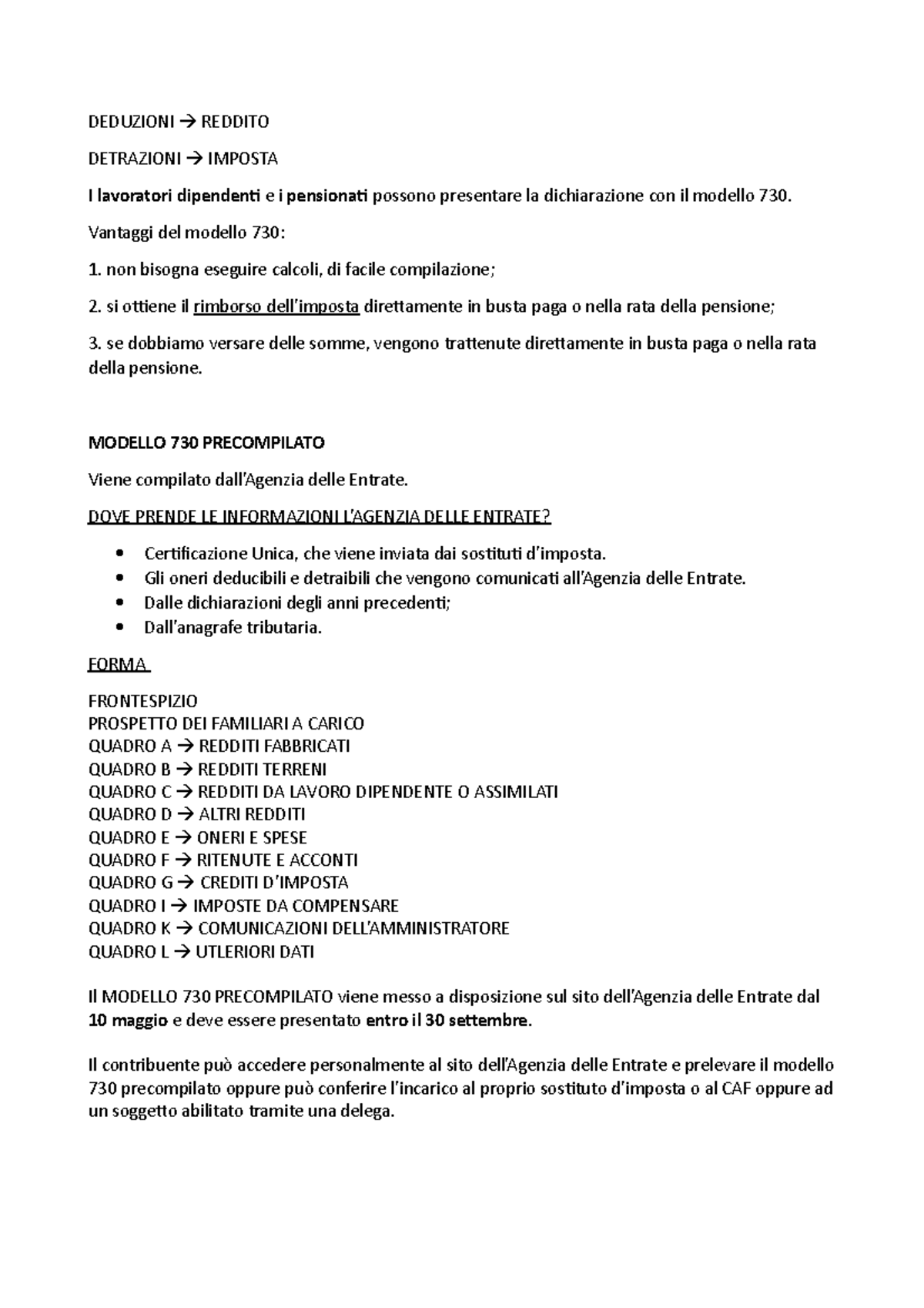 MODELLO 730 LINEE GUIDA DALLE AGENZIE DELLE ENTRATE - DEDUZIONI REDDITO ...