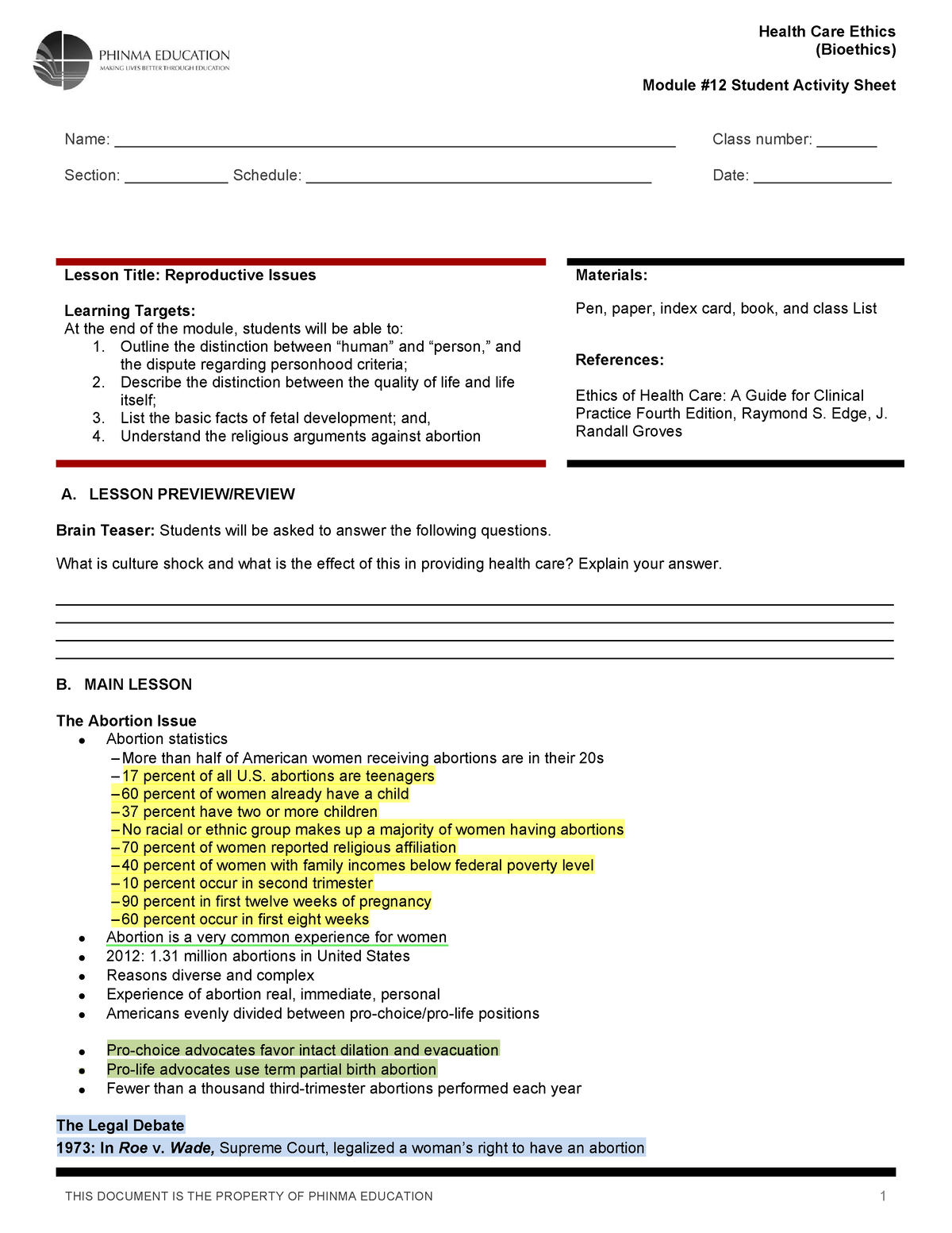 Bioethics Session 12 SAS - (Bioethics) Module #12 Student Activity ...