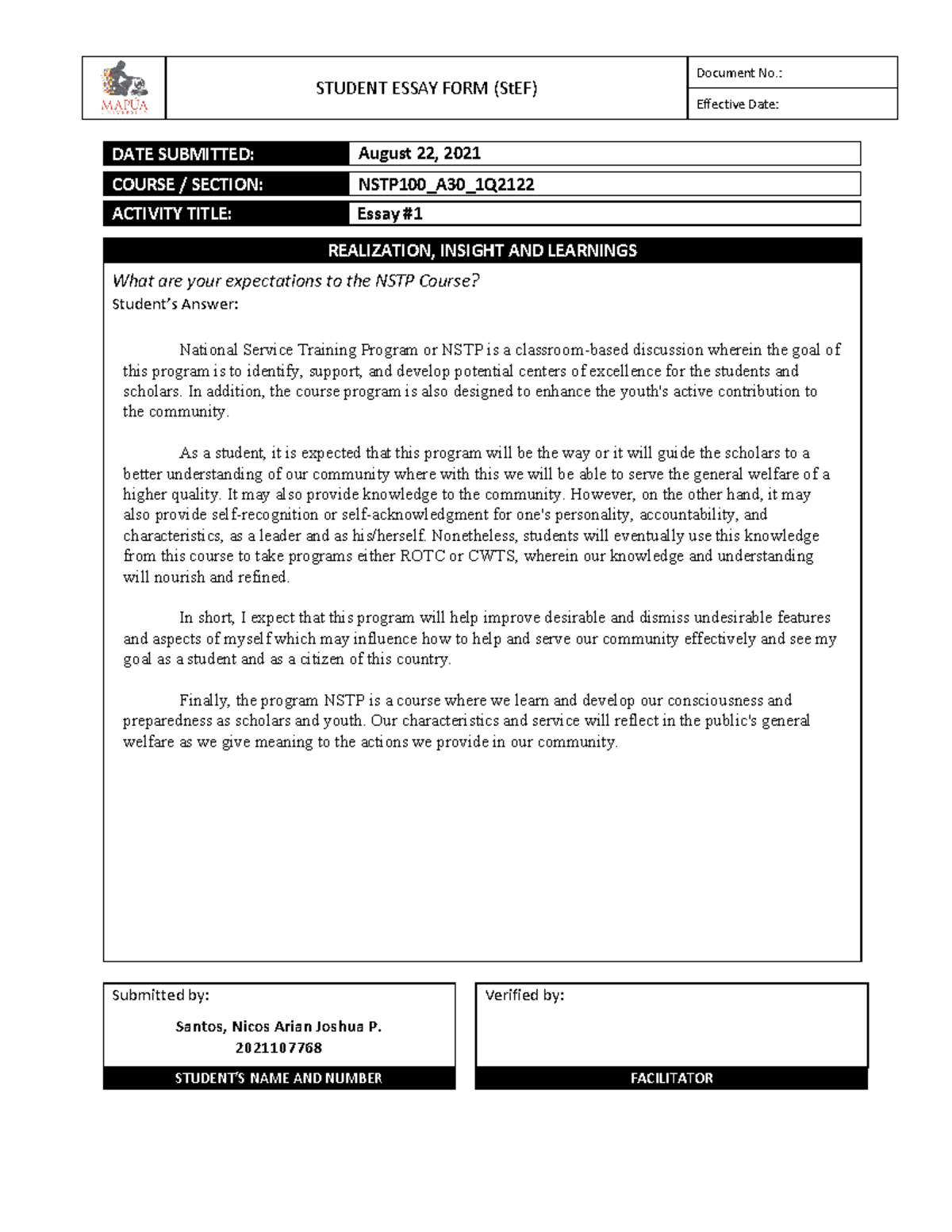 Form - NSTP1 00 Essay #1 - STUDENT ESSAY FORM (StE F) Document No ...