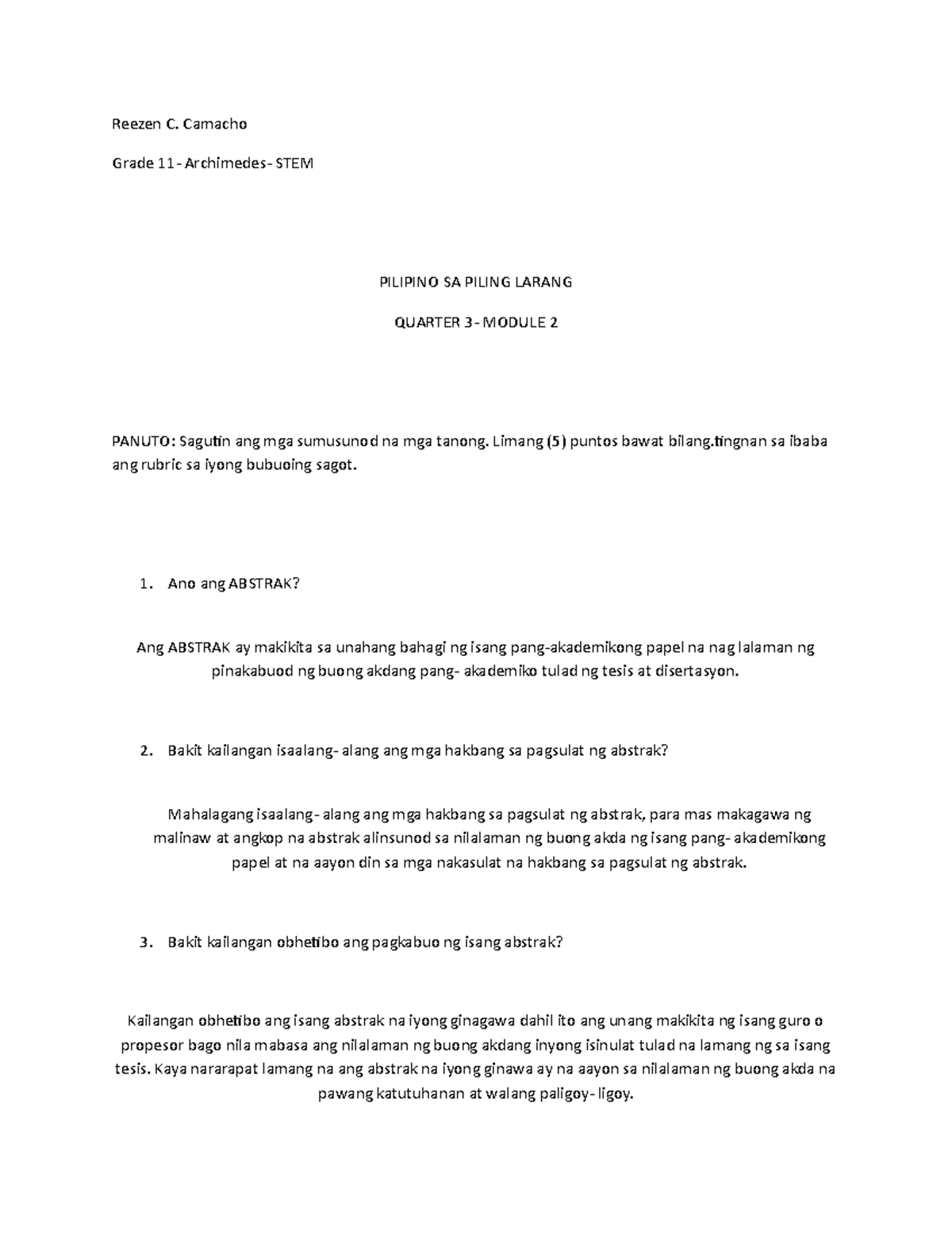 Pilipino SA Piling Larang- Module 2 - Reezen C. Camacho Grade 11 ...