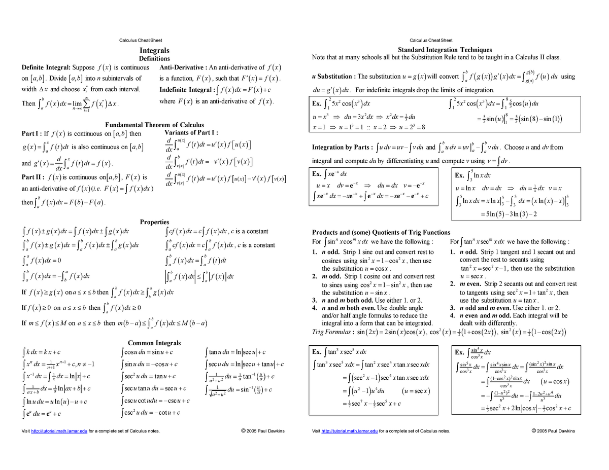 Lecture Notes Calculus I Integrals Studeersnel