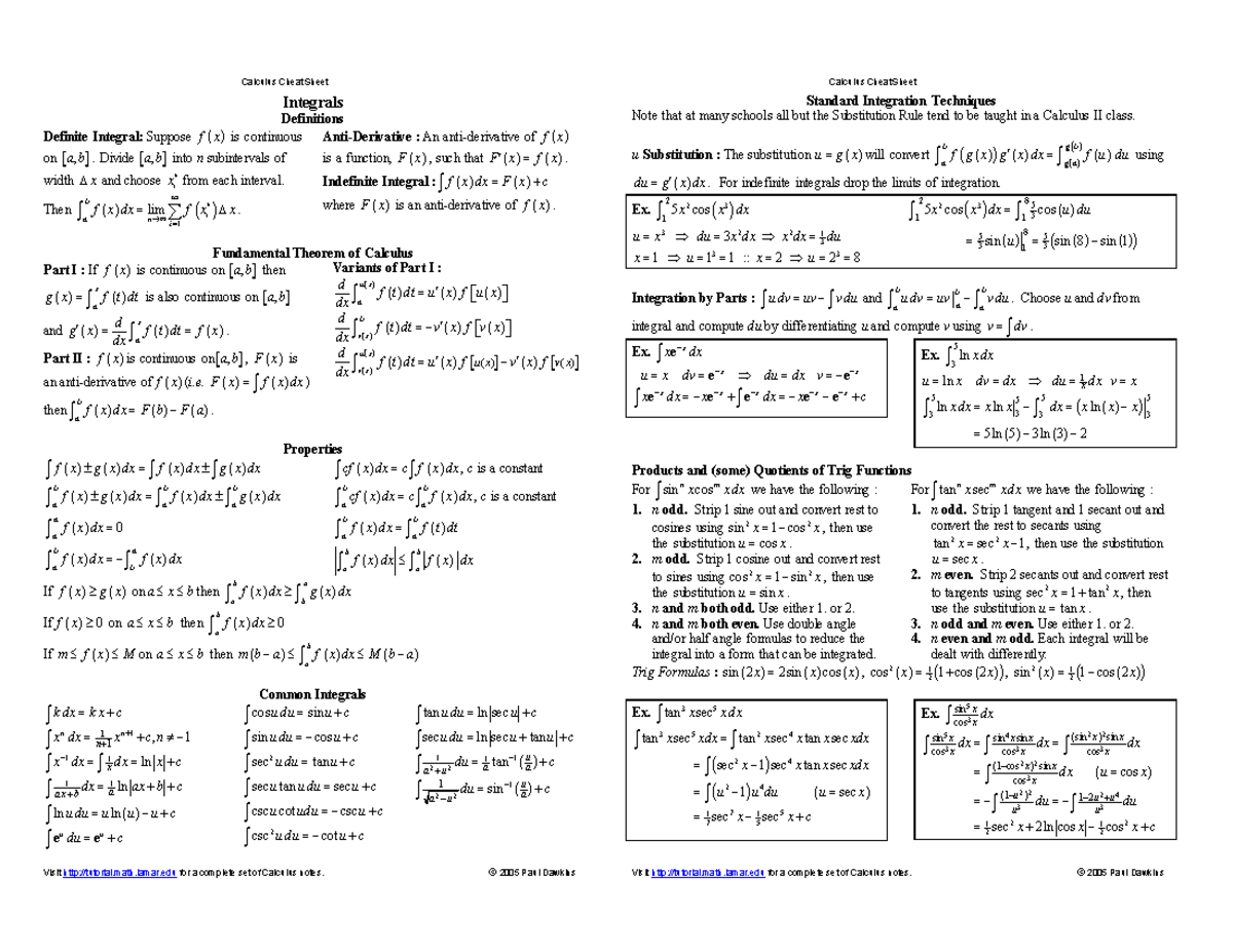 Lecture Notes Calculus I Integrals Studeersnel