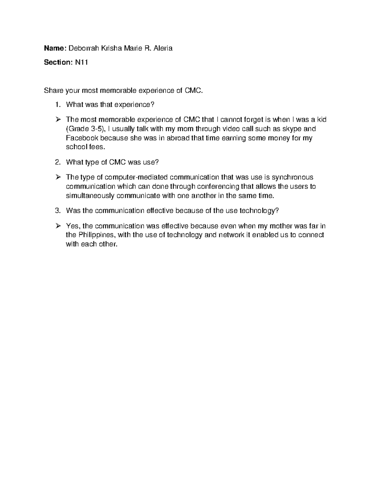 Computer Mediated Communication (CMC) - Name: Deborrah Krisha Marie R ...