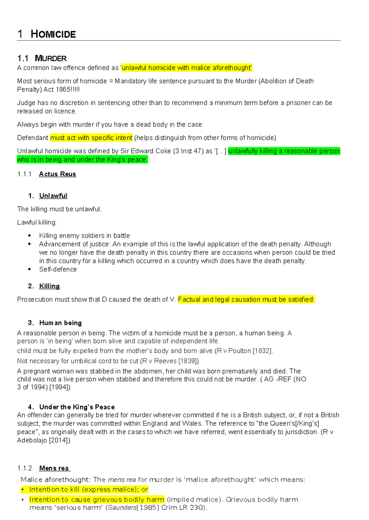 Crime Notes for Exam - 1 HOMICIDE 1 MURDER A common law offence defined ...