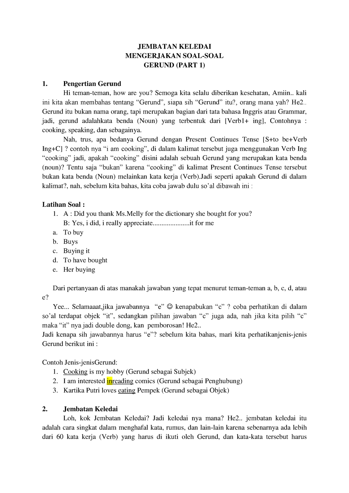 English Course123 - JEMBATAN KELEDAI MENGERJAKAN SOAL-SOAL GERUND (PART ...