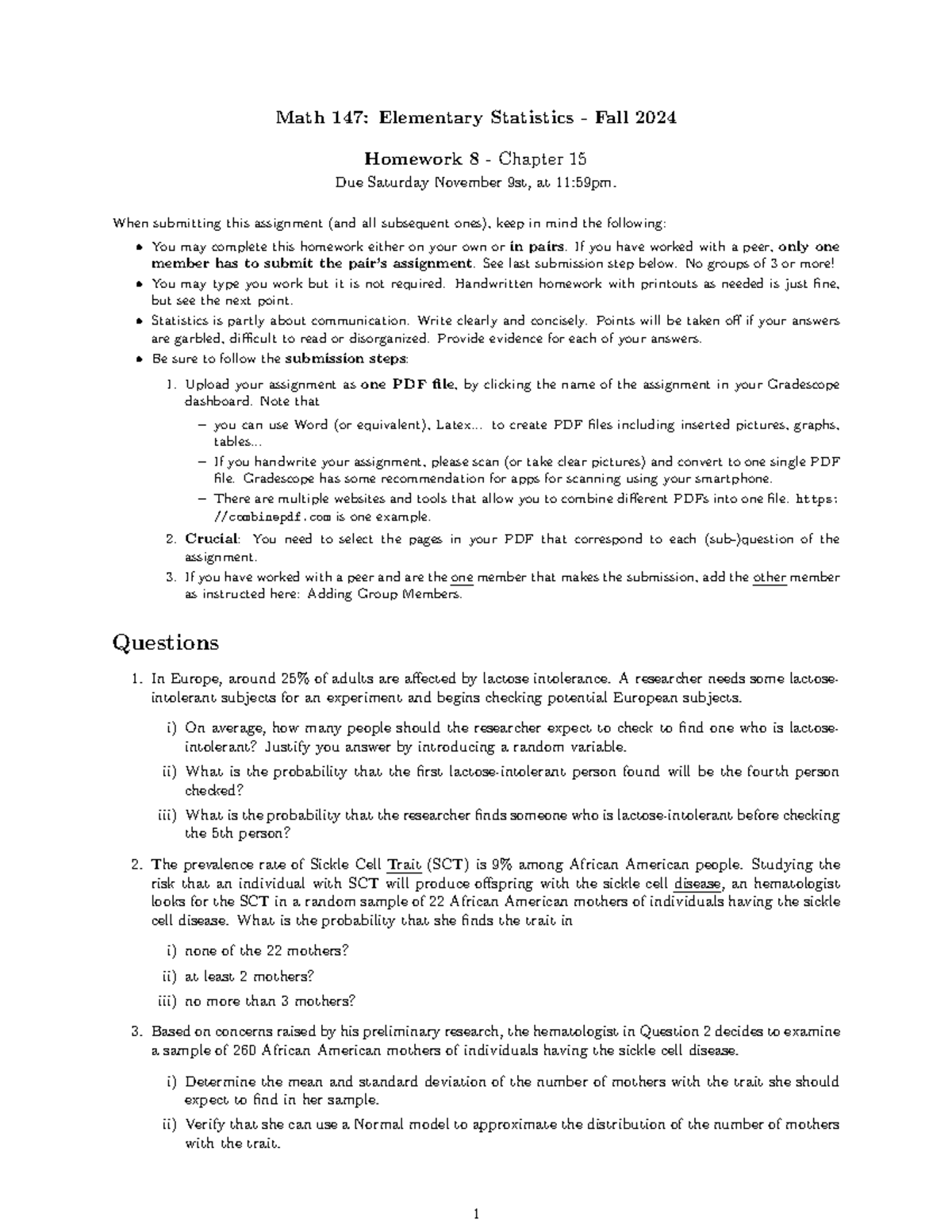 Homework 8 - hw 8 - Math 147: Elementary Statistics - Fall 2024 ...