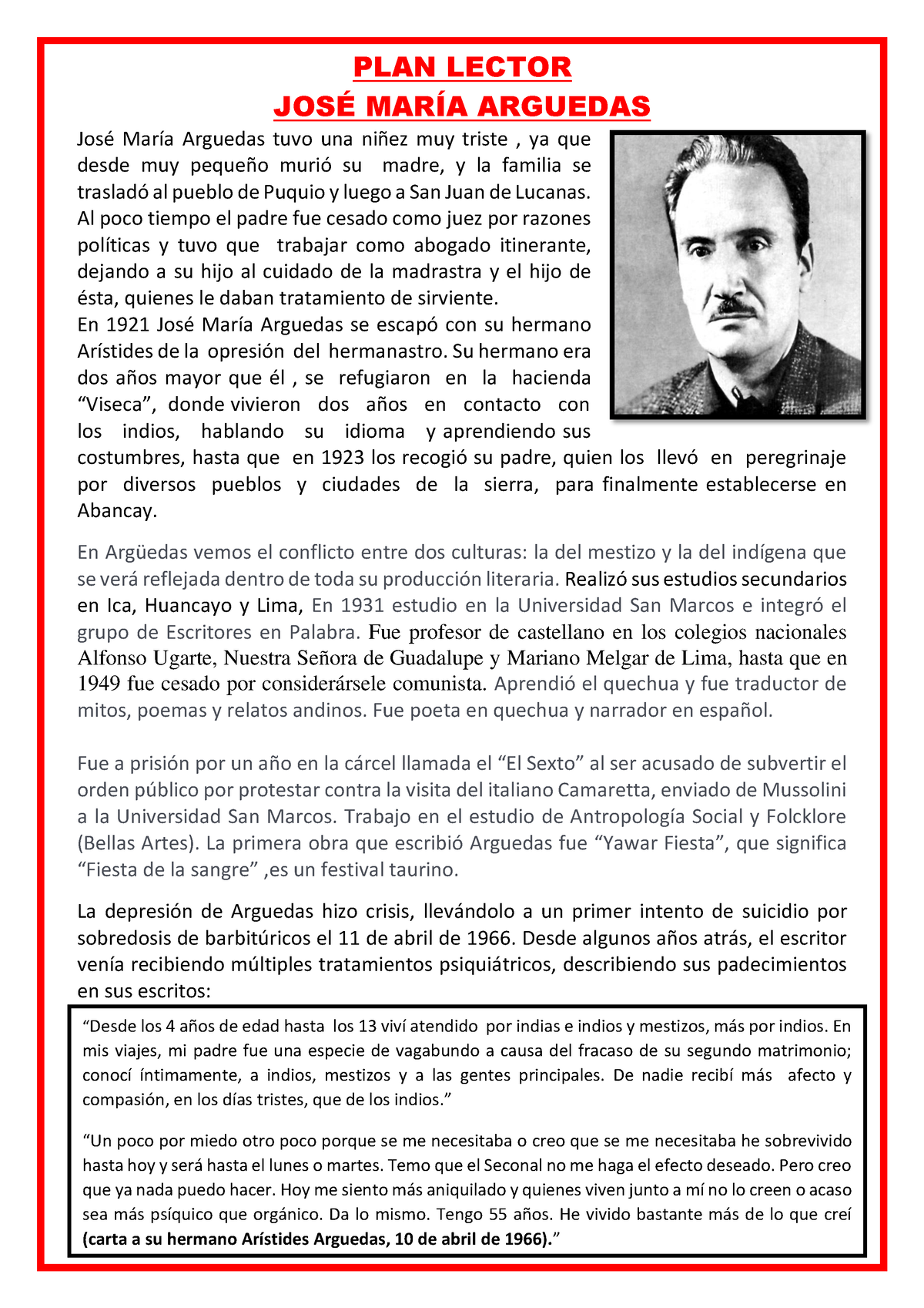 PLAN Lector JOSÉ María Arguedas - PLAN LECTOR JOSÉ MARÍA ARGUEDAS José  María Arguedas tuvo una niñez - Studocu