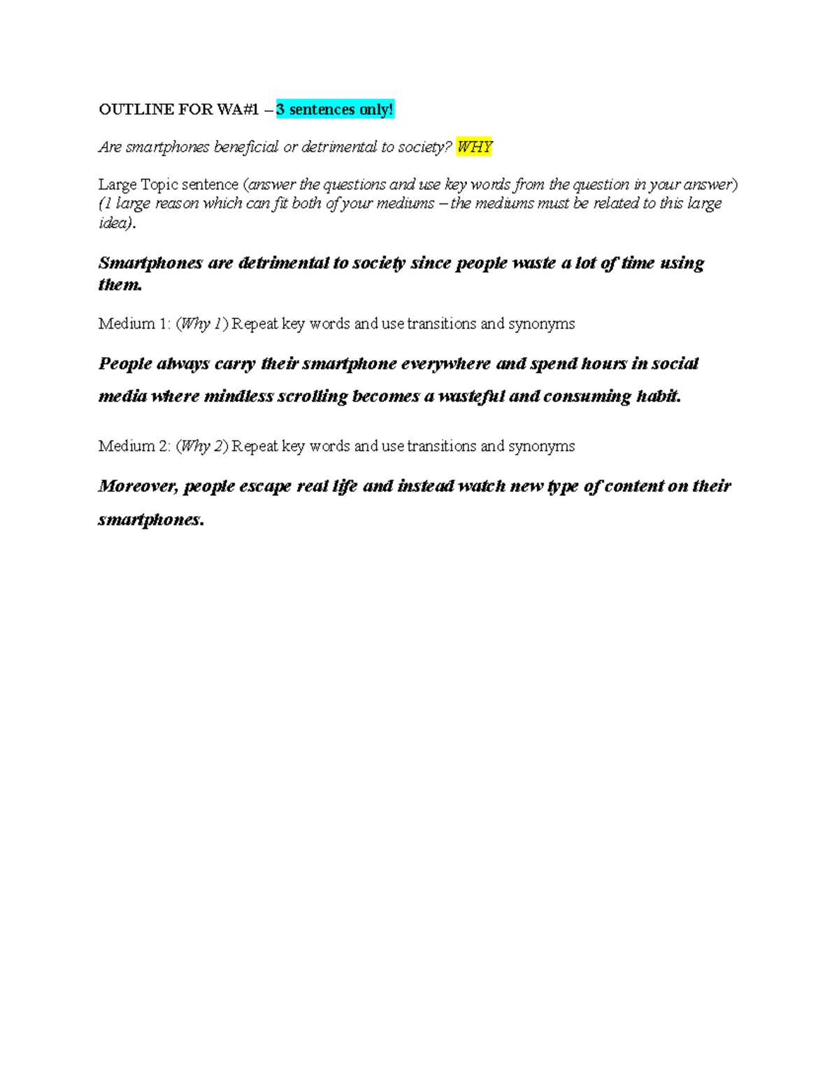Outline Homework Mariam - OUTLINE FOR WA#1 – 3 sentences only! Are ...