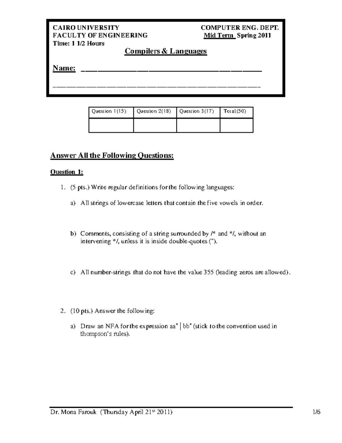 Mid 2011 - final exam - Question 1(15) Question 2(18) Question 3(17 ...