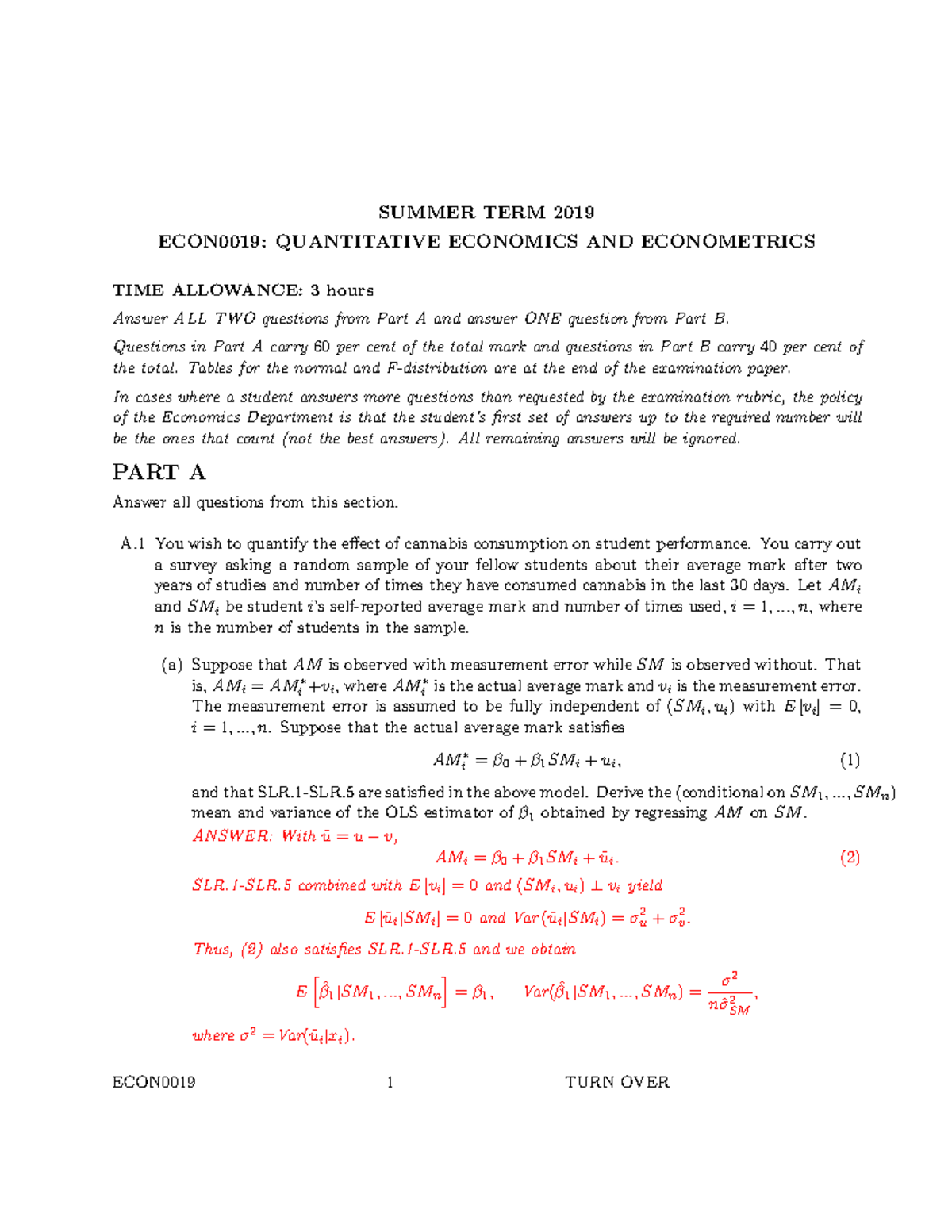 Exam 2019 summer with answers - SUMMER TERM 2019 ECON0019: QUANTITATIVE ...