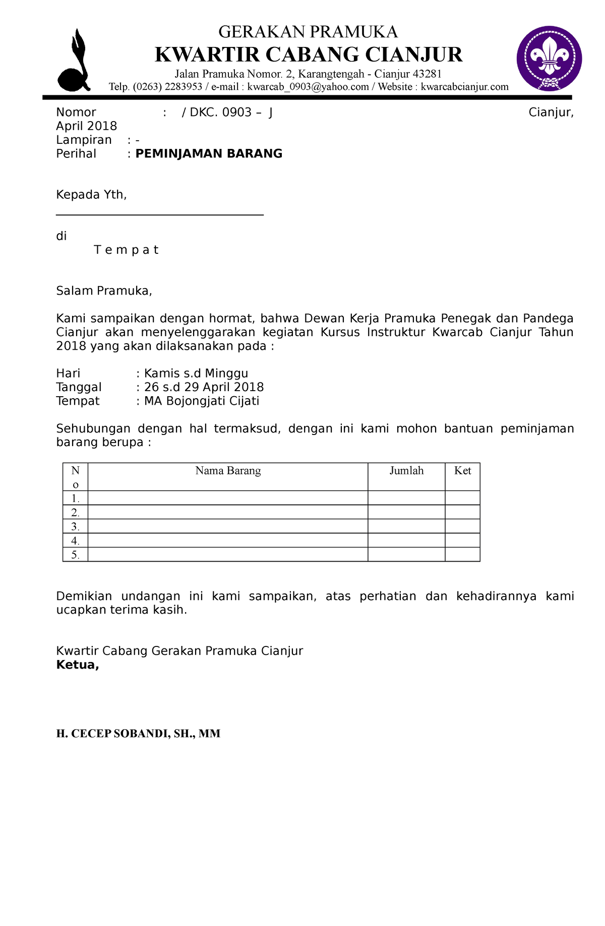 Surat Peminjaman Barang 1 Nomor Dkc 0903 J Cianjur April 2018 Lampiran Perihal 