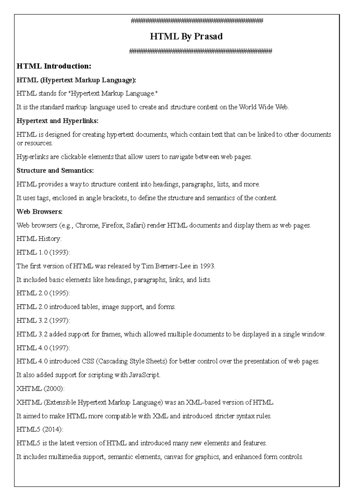 HTML - fgg - HTML By Prasad HTML Introduction: HTML (Hypertext Markup ...