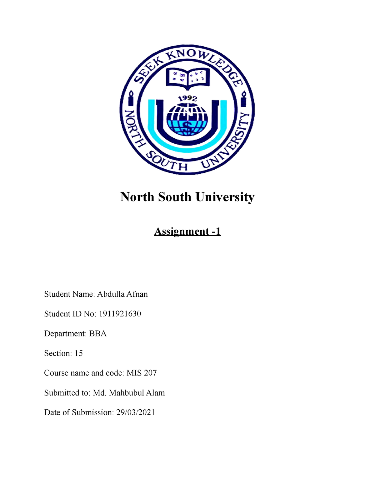 assignment cover page nsu