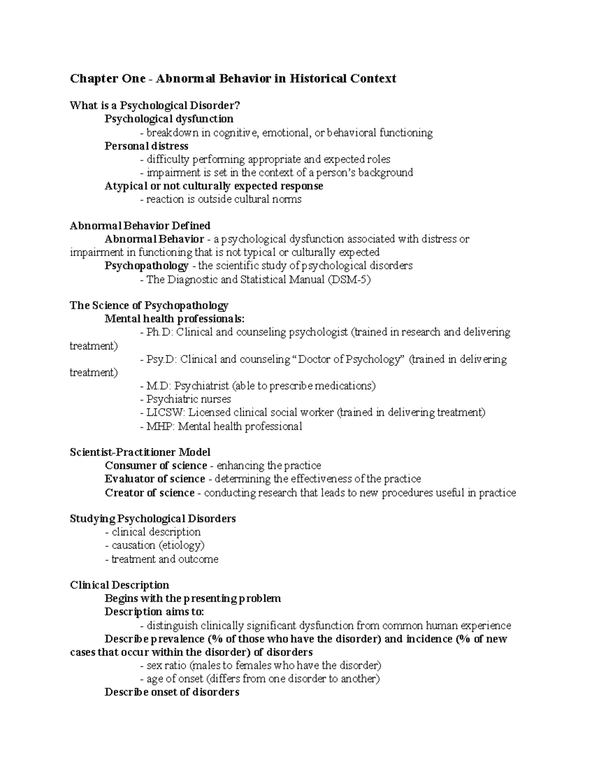 Abnormal Psychology Notes (Exam 1) - Chapter One - Abnormal Behavior in ...