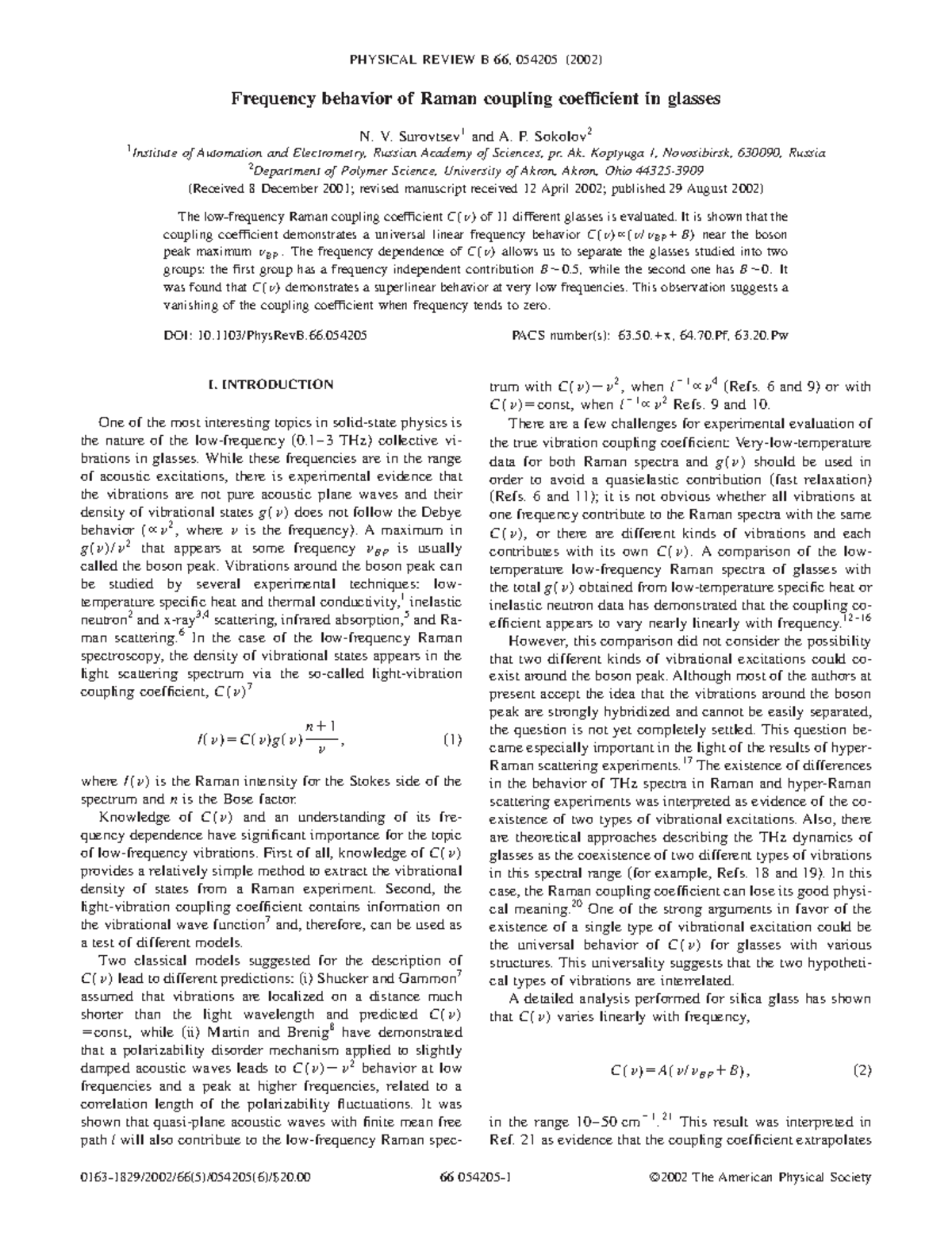 Sokolov Phys Rev B.66.054205 Frequency behavior of Raman coupling