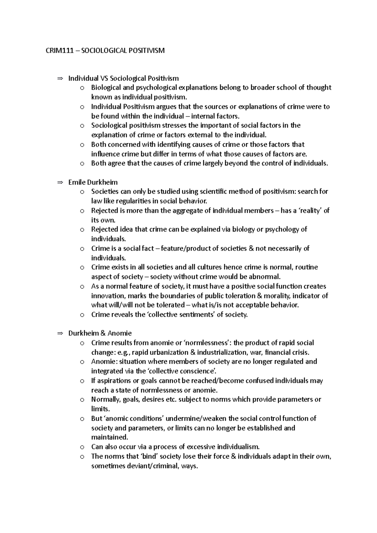 CRIM111 - Positivism - First year Criminology lecture notes. - CRIM111 ...