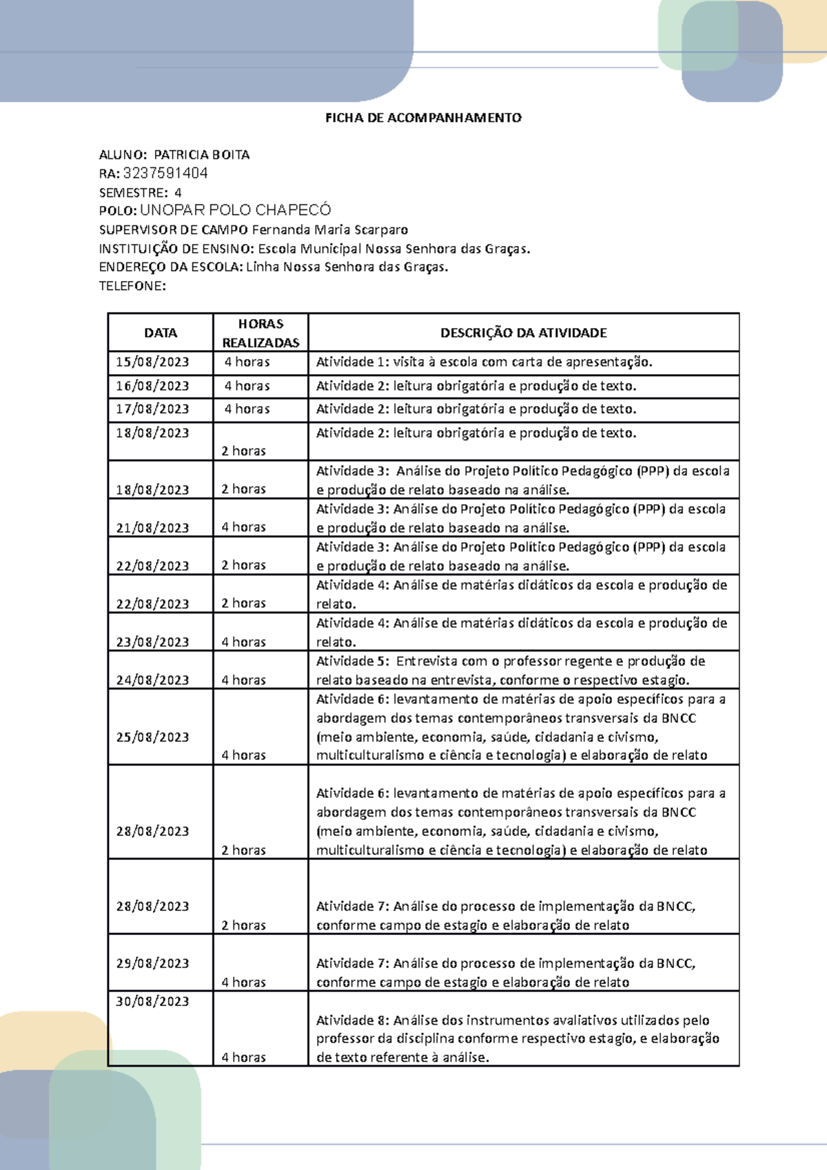 Ficha Acompanhamento Modelo Patricia Ficha De Acompanhamento Aluno