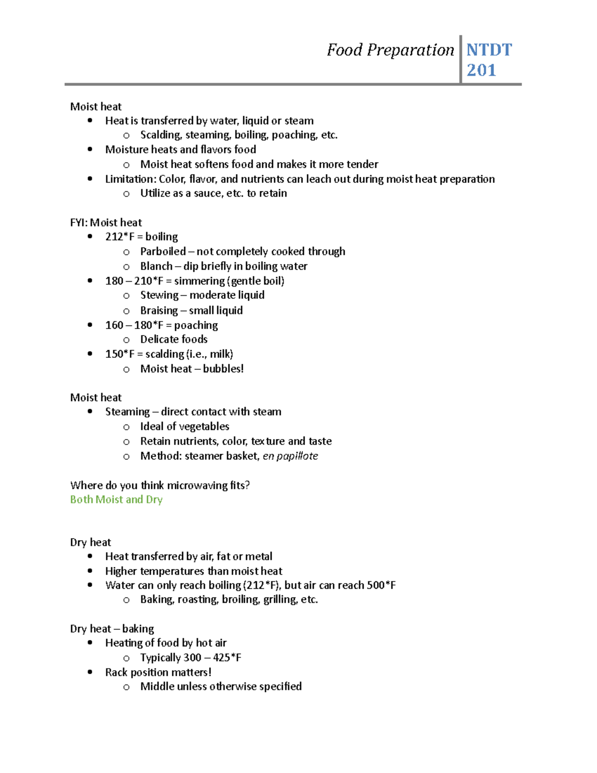 3 Food Preparation notes - 201 Moist heat Heat is transferred by water ...