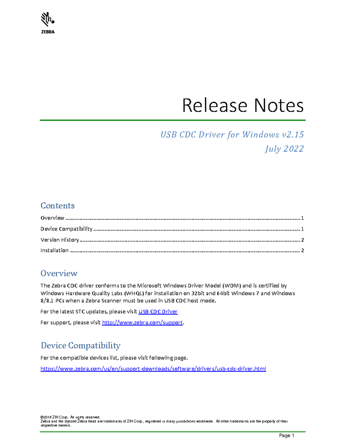 Release notes windows cdc driver - ####### ©201 8 ZIH Corp. All rights ...