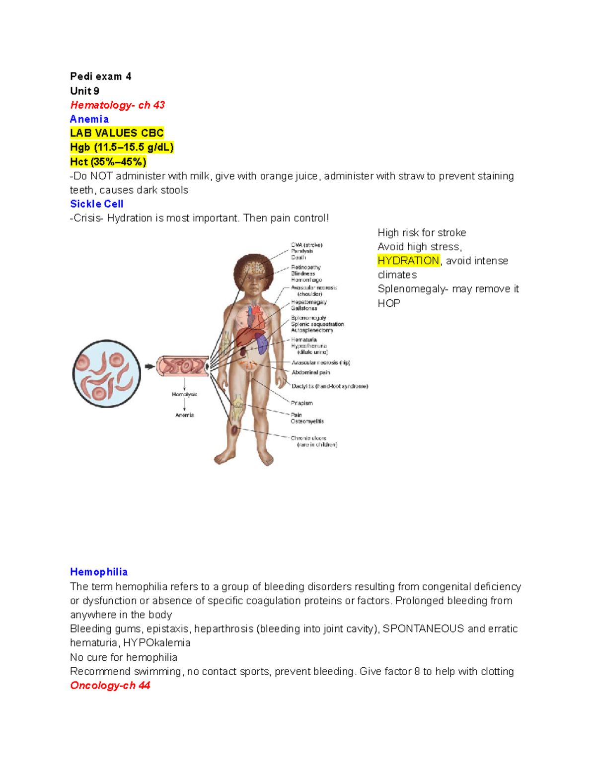 Pedi exam 4 - pedi exam 4 study notes - Pedi exam 4 Unit 9 Hematology ...