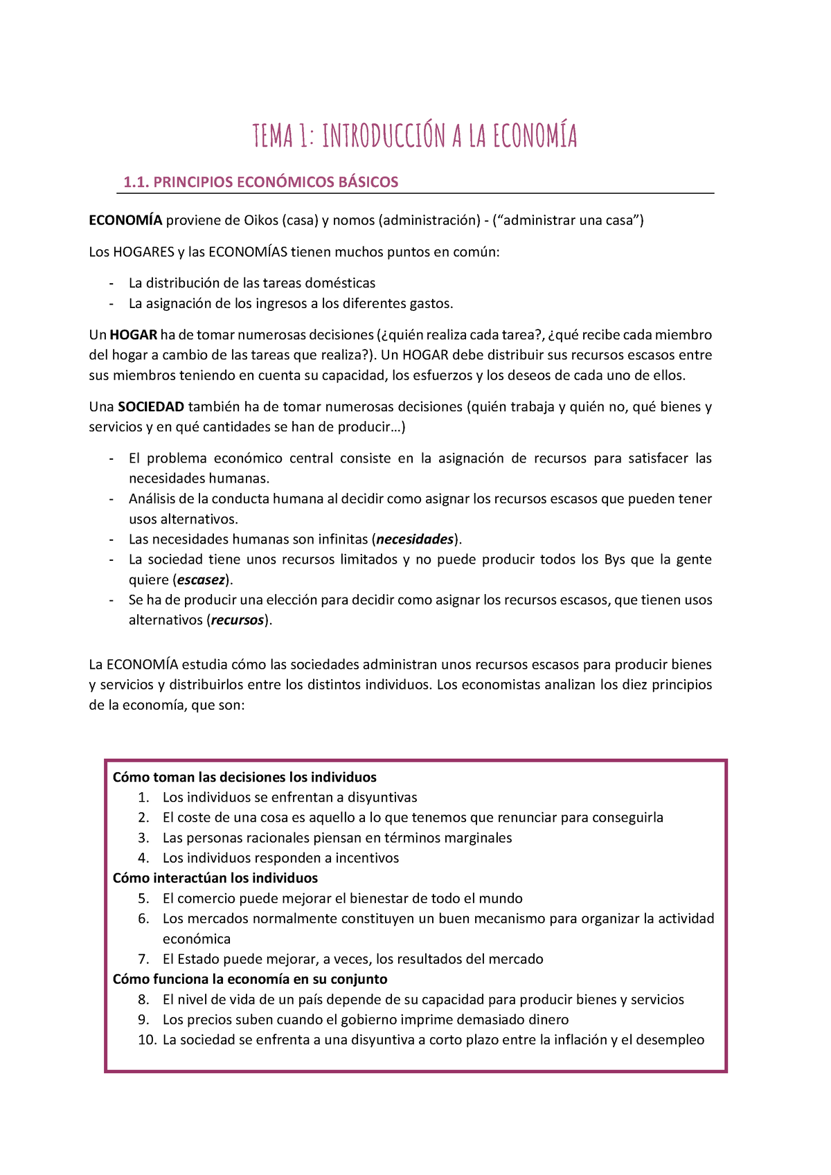 Introducción A La Economia. Apuntes Tema 1 - TEMA 1: INTRODUCCIÓN A LA ...