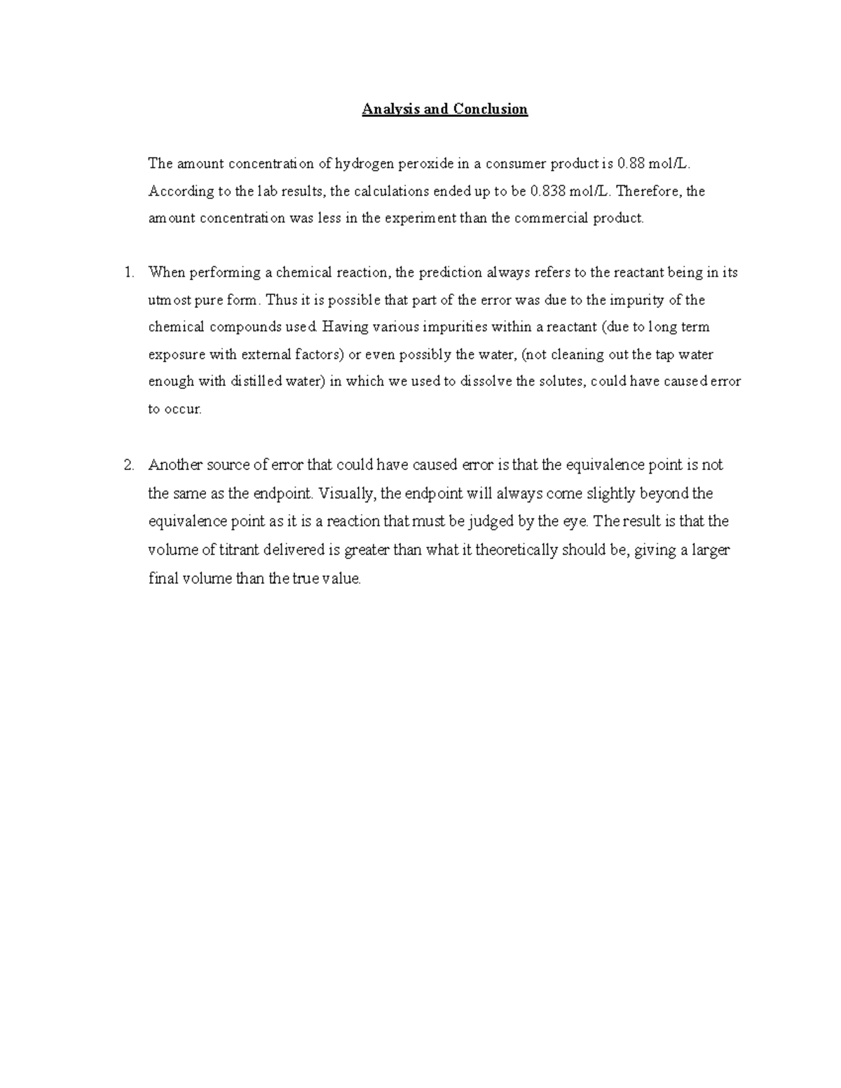 Hydrogen peroxide lab Titration Lab Report Analysis and Conclusion