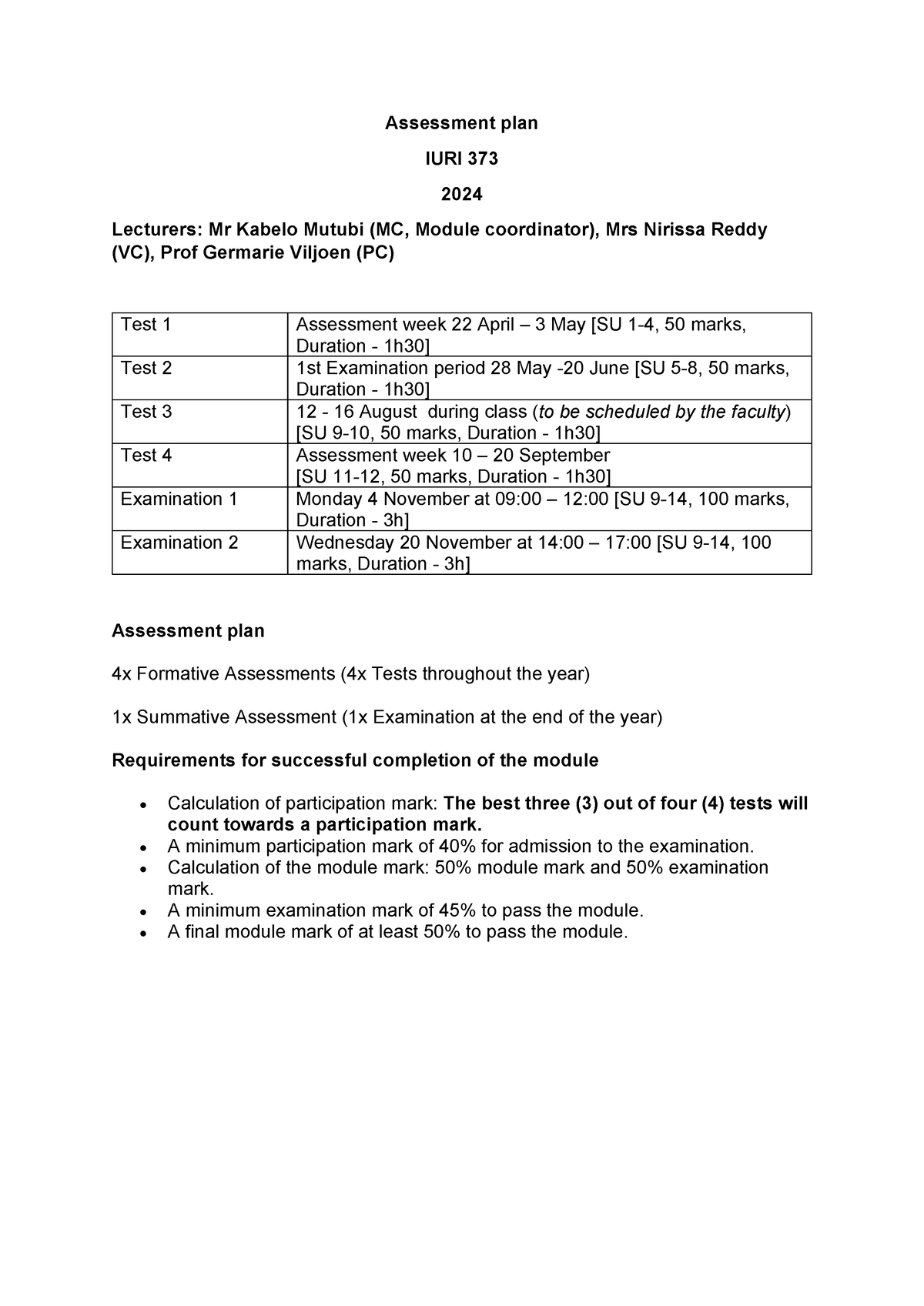 IURI373 Assessment Plan 2024 - Assessment plan IURI 373 2024 Lecturers ...